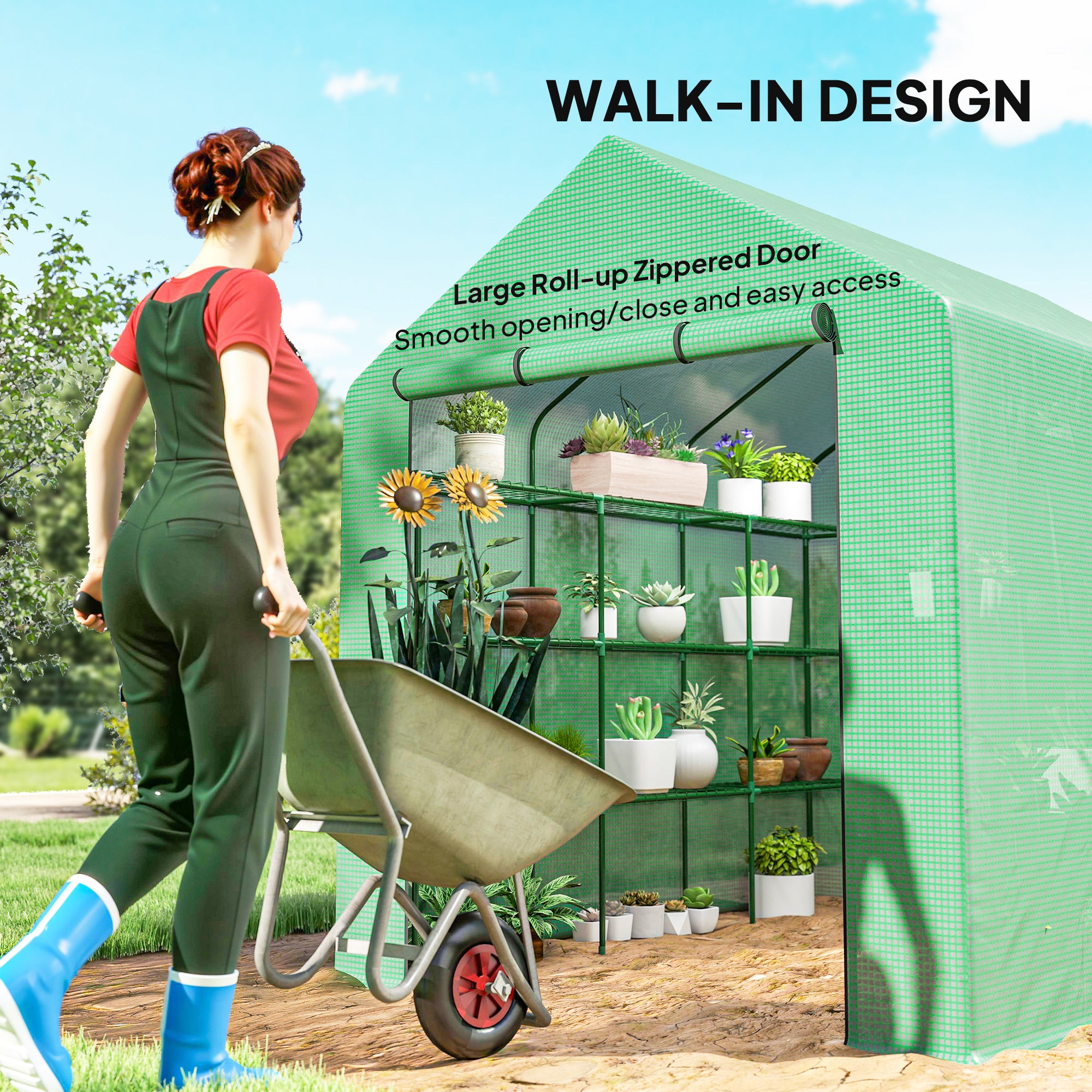 Outdoor Walk-in Greenhouse with Roll-up Zipper Door, 18 Shelves, PE Cover, 95.25" x 70.75" x 82.75", Green