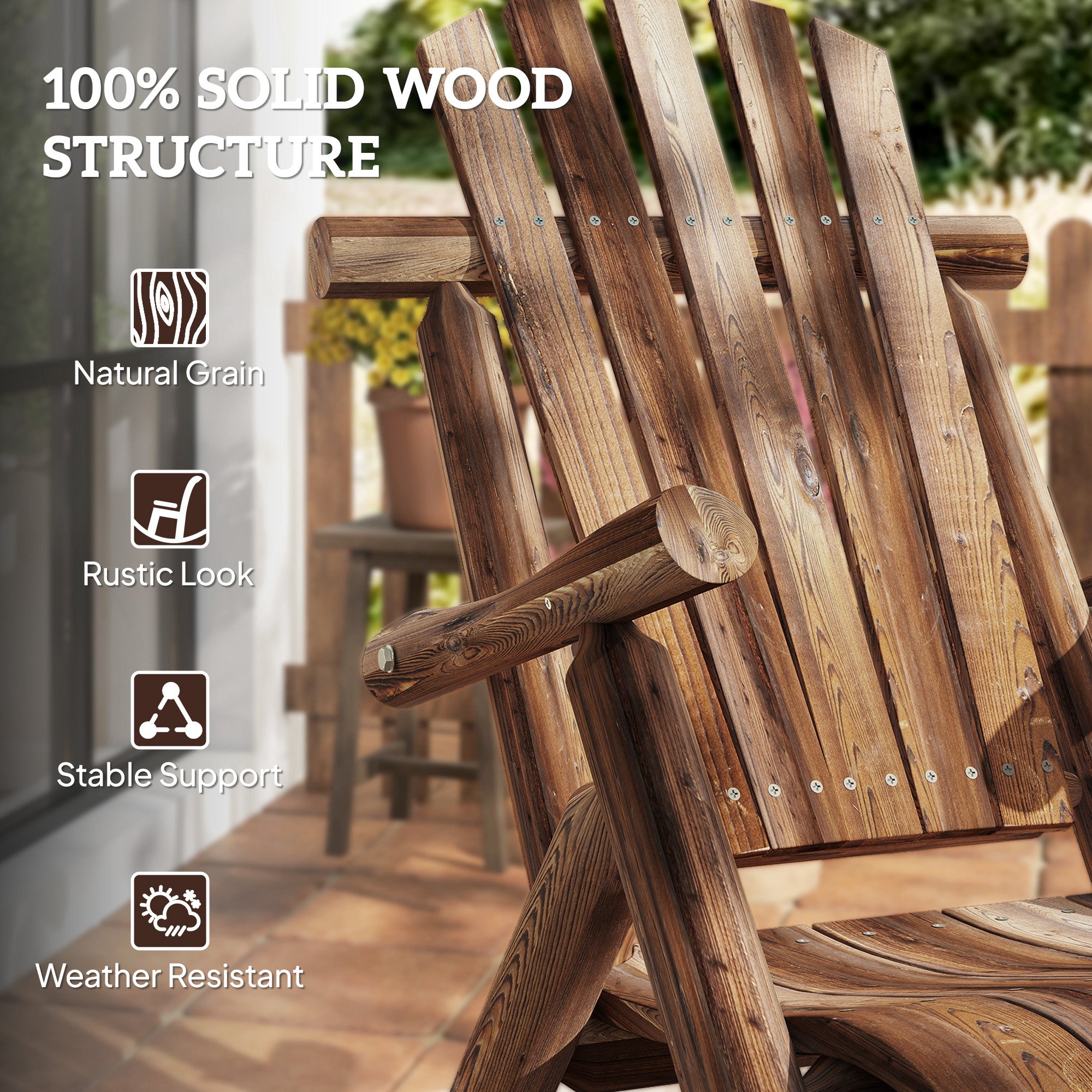 Outdoor Wooden Rocking Chair, Single-Person Adirondack Rocking Patio Chair with Rustic High Back, Slatted Seat and Backrest for Indoor, Backyard, Garden, Carbonized