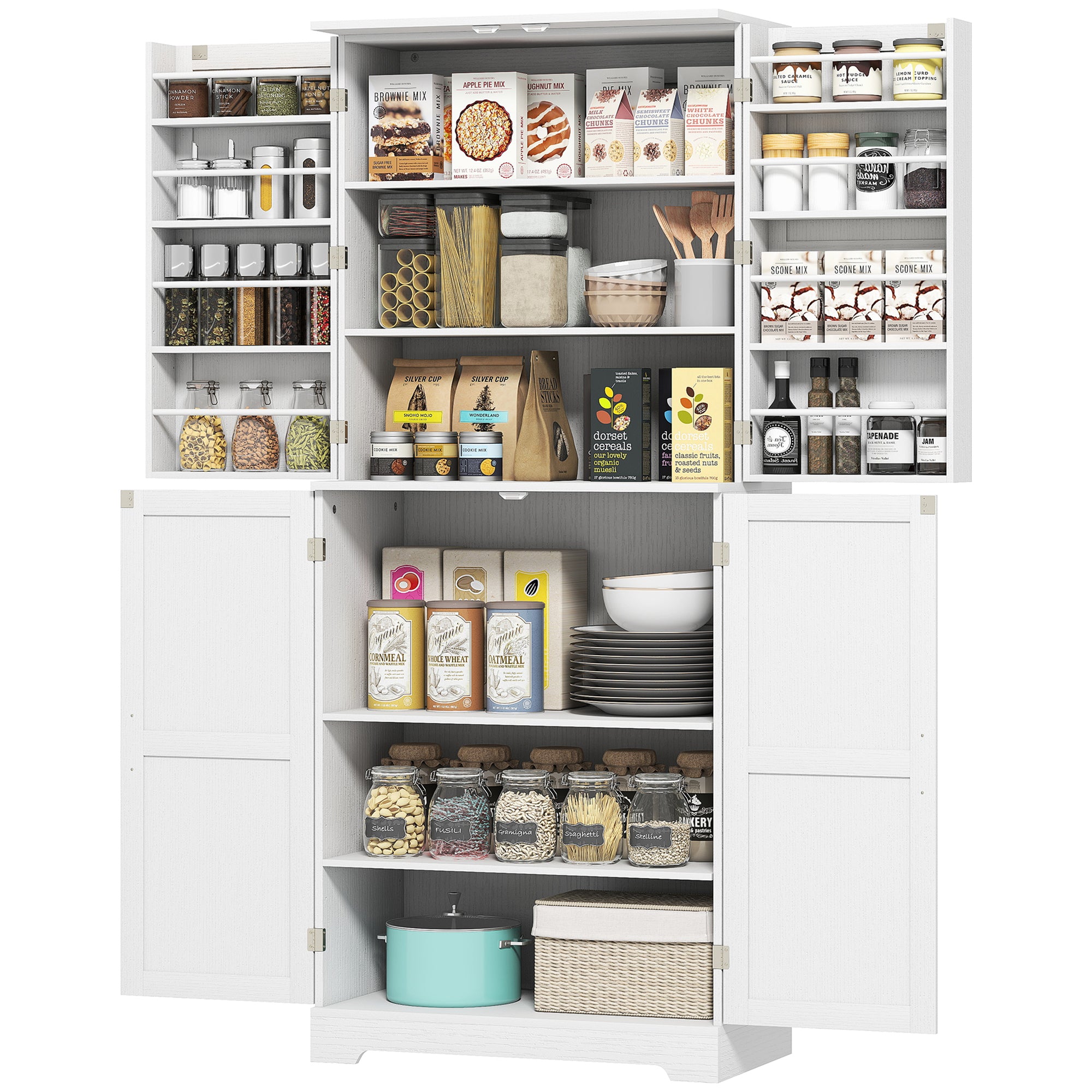 Farmhouse Kitchen Pantry, 72" Tall Pantry Cabinet with 4 Barn Doors, 4 Adjustable Shelves and 8 Door Shelves, White