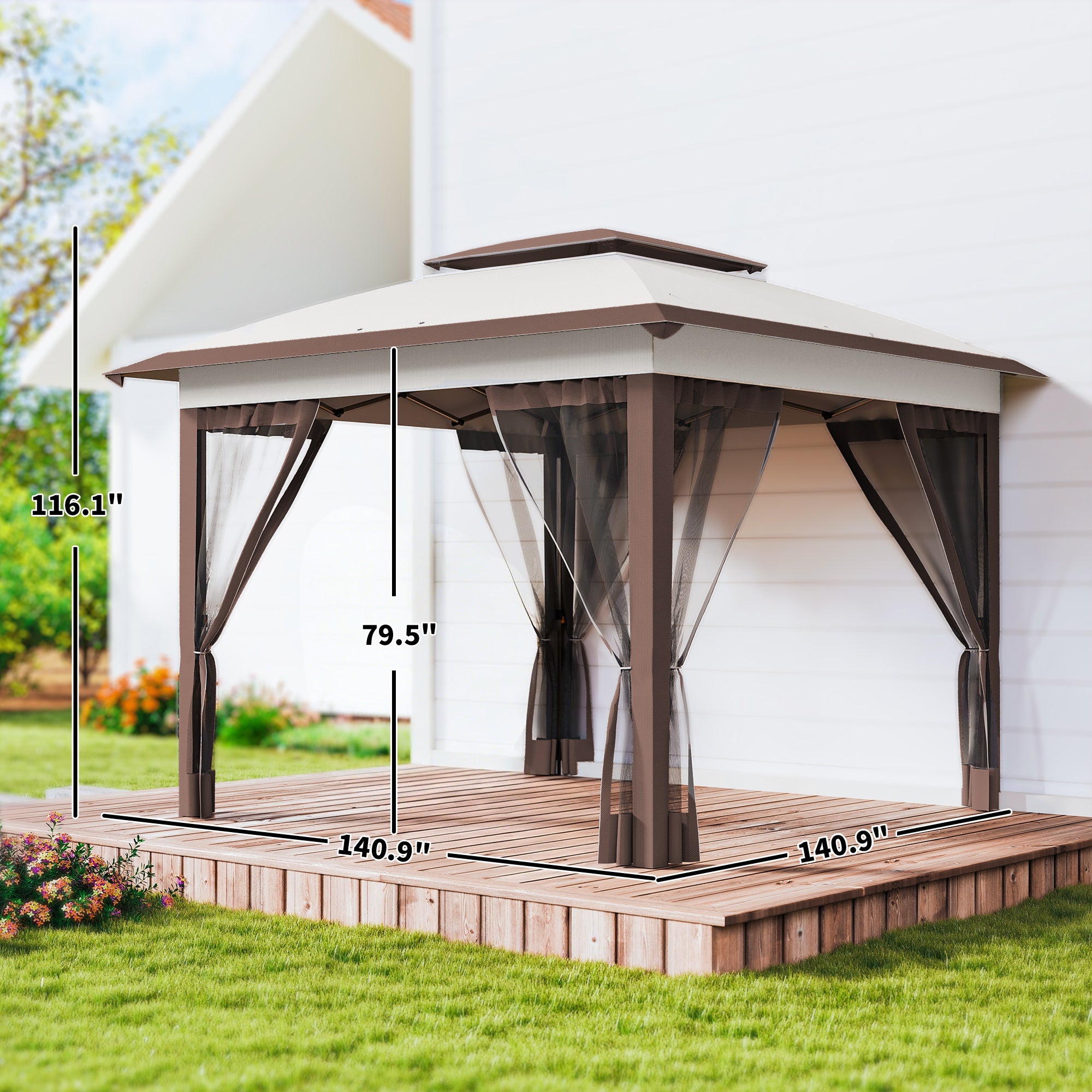 12' x 12' Pop Up Canopy Tent with Netting and Carry Bag, Instant Sun Shelter with 137 sq.ft Shade, Beige and Brown