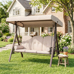 3-Seat Patio Swing Chair, Outdoor Porch Swing Glider with Adjustable Canopy, Removable Cushion, Pillows and Side Trays, for Garden, Poolside, Backyard, Beige