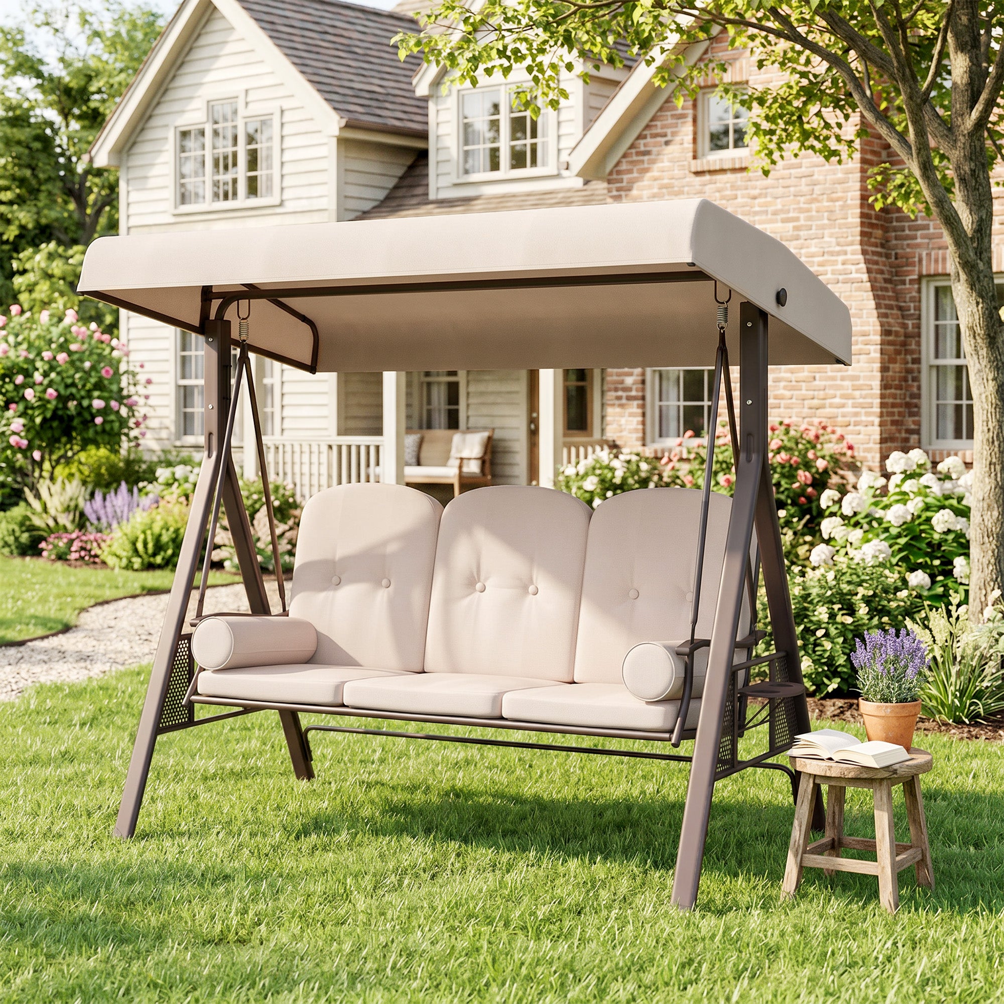 3-Seat Patio Swing Chair, Outdoor Porch Swing Glider with Adjustable Canopy, Removable Cushion, Pillows and Side Trays, for Garden, Poolside, Backyard, Beige
