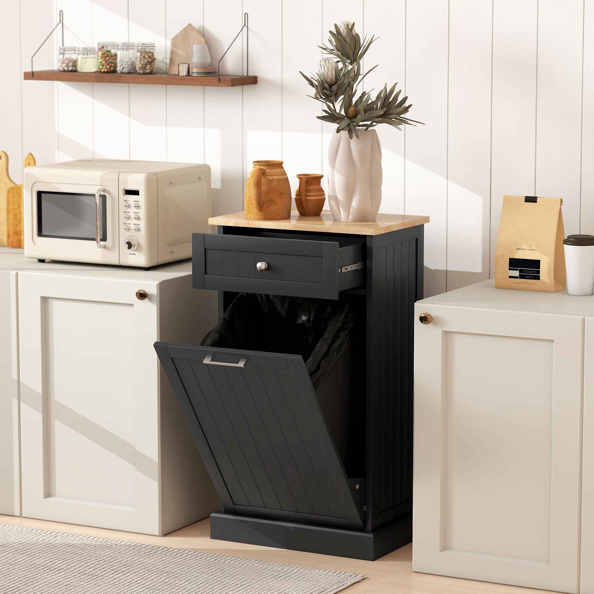 10 Gallon Tilt Out Trash Cabinet, Wooden Hidden Trash Can with Storage Drawer for Kitchen, Laundry Hamper Cabinet for Bathroom, Black