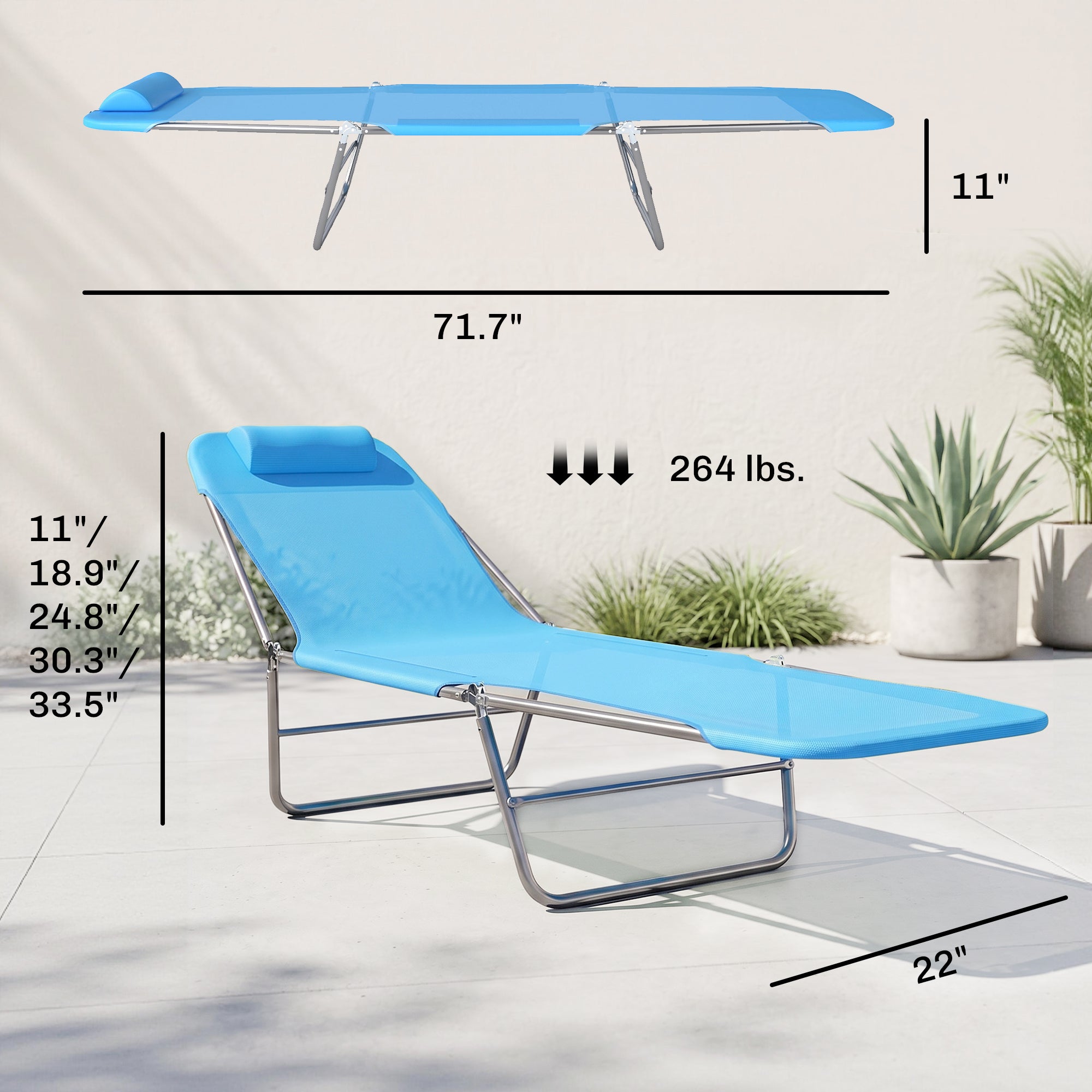 Folding Chaise Lounge Pool Chairs, Outdoor Sun Tanning Chairs with Pillow, Reclining Back, Steel Frame & Breathable Mesh for Beach, Yard, Patio, Blue