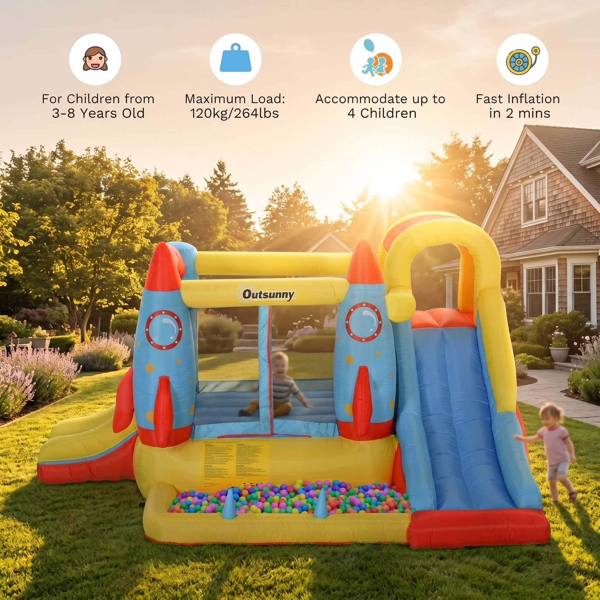 Kids Bounce House, 4-in-1 Rocket Inflatable Water Slide Jumping Castle with 2 Slides, Climbing Wall, Trampoline, & Water Pool Area, Air Blower