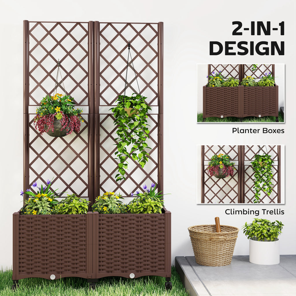 Planter Box with Trellis, Self Watering Raised Garden Bed with Lockable Wheels and Drainage Holes, Brown