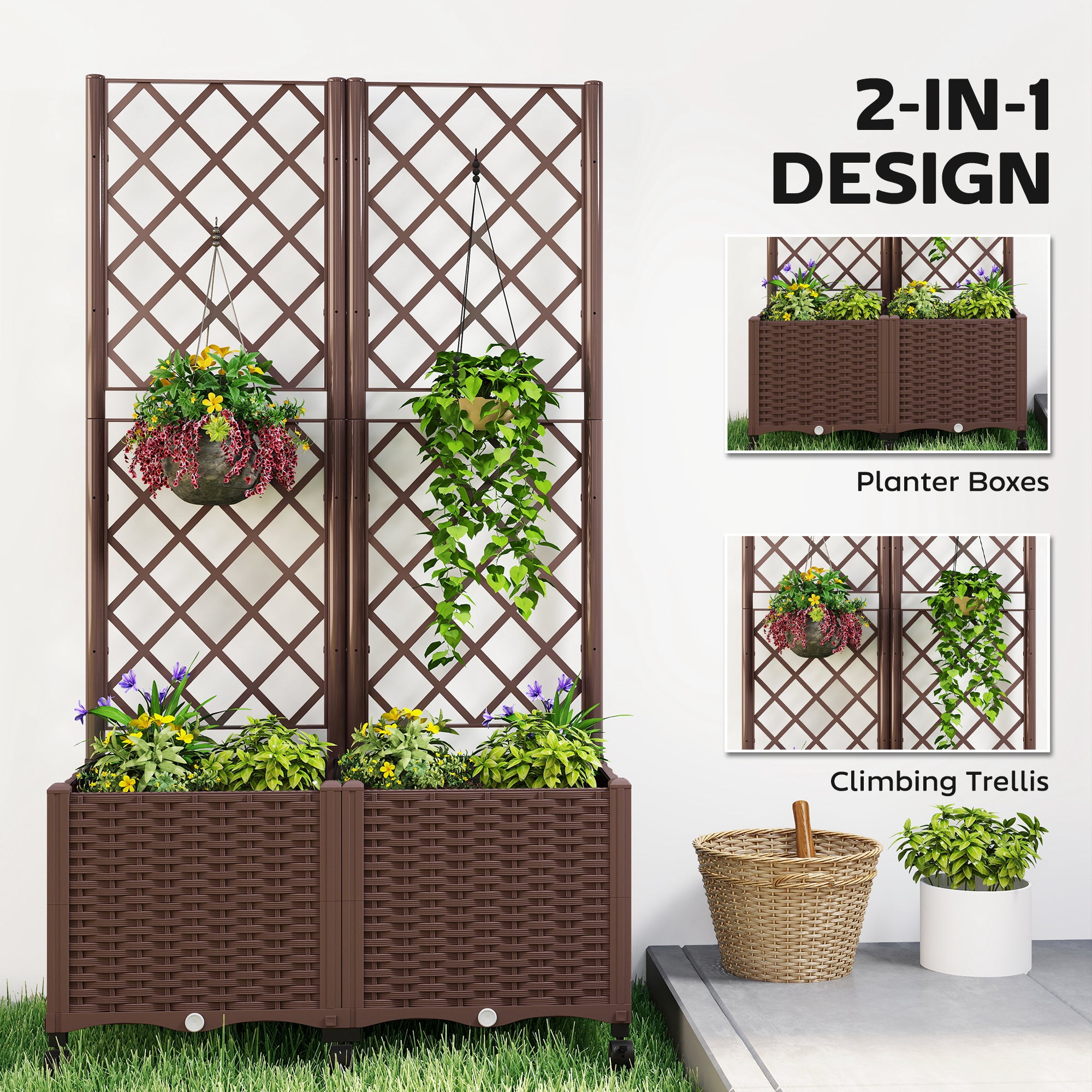 Planter Box with Trellis, Self Watering Raised Garden Bed with Lockable Wheels and Drainage Holes, Brown