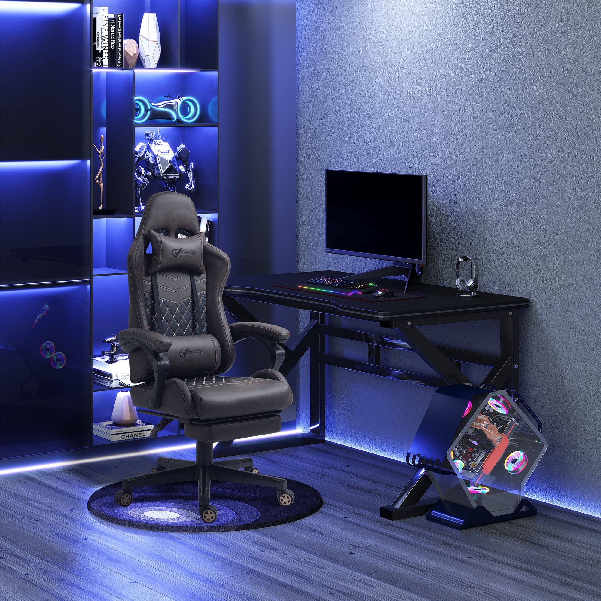 Racing Gaming Chair, PU Leather Gamer Chair with High Back, Footrest, Lumbar Support, Adjustable Height, Brown