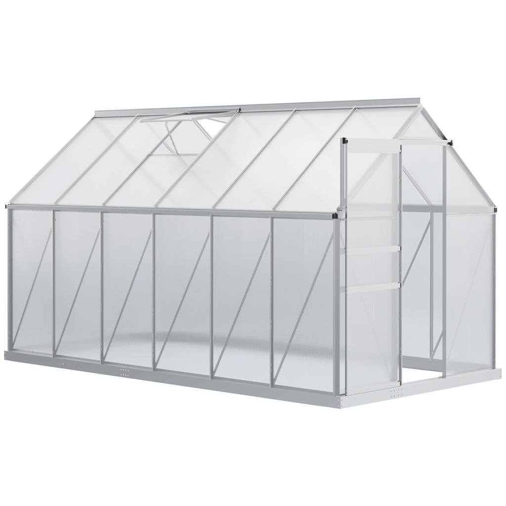12' x 6' x 6.5' Polycarbonate Greenhouse with Aluminum Frame, Walk-in Heavy Duty Green House with Adjustable Roof Vent, Rain Gutter and Sliding Door for Winter, Silver