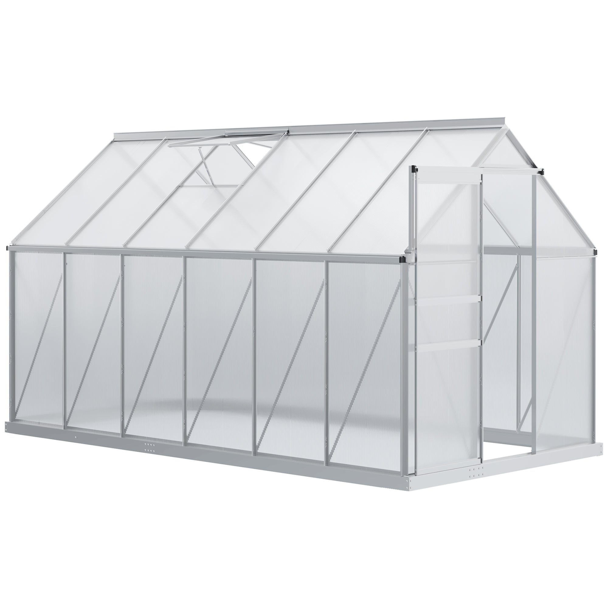 12' x 6' x 6.5' Polycarbonate Greenhouse with Aluminum Frame, Walk-in Heavy Duty Green House with Adjustable Roof Vent, Rain Gutter and Sliding Door for Winter, Silver