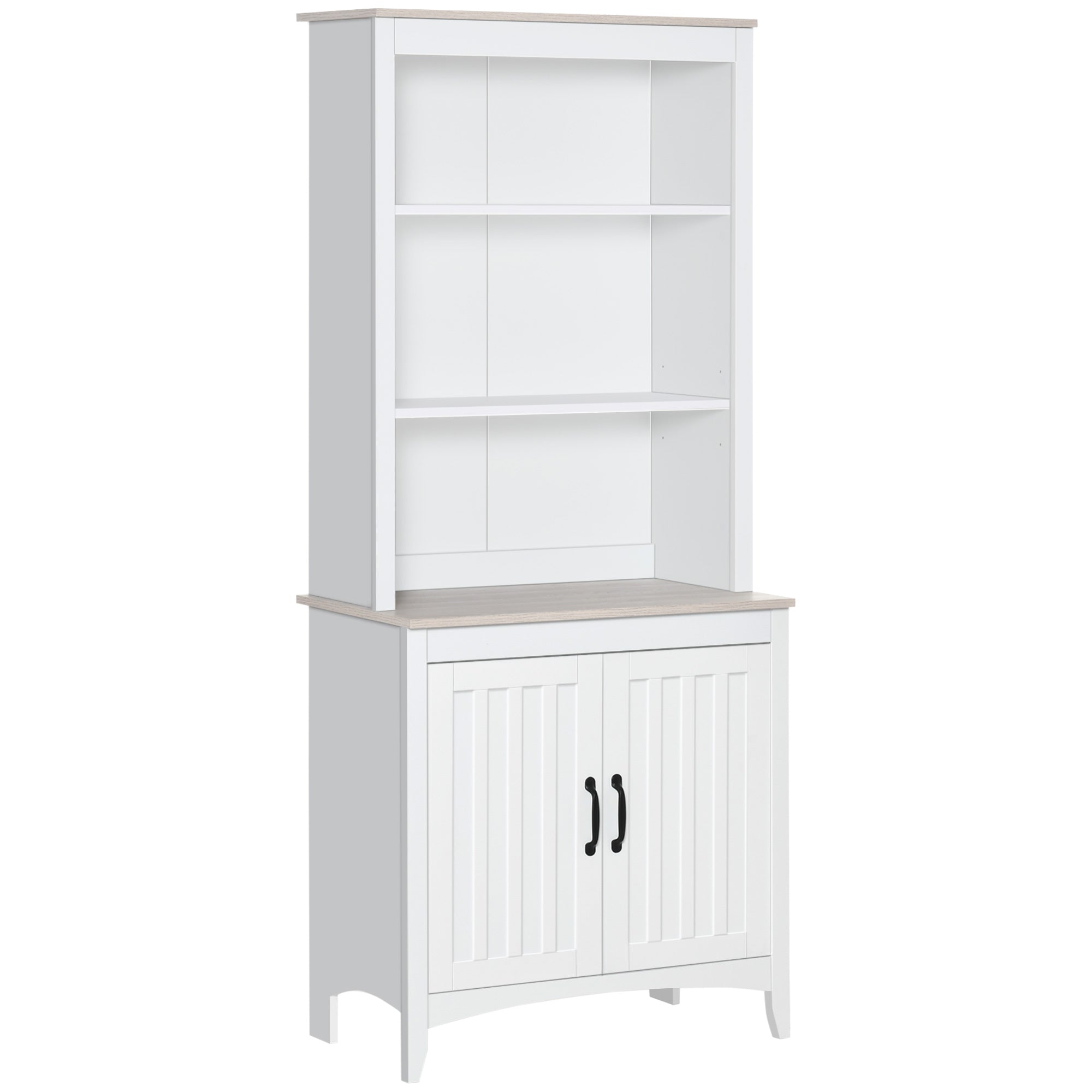 70" Kitchen Hutch, Freestanding Storage Pantry Cabinet with 3-Tier Shelving, Sideboard with Adjustable Shelves and Open Countertop, White