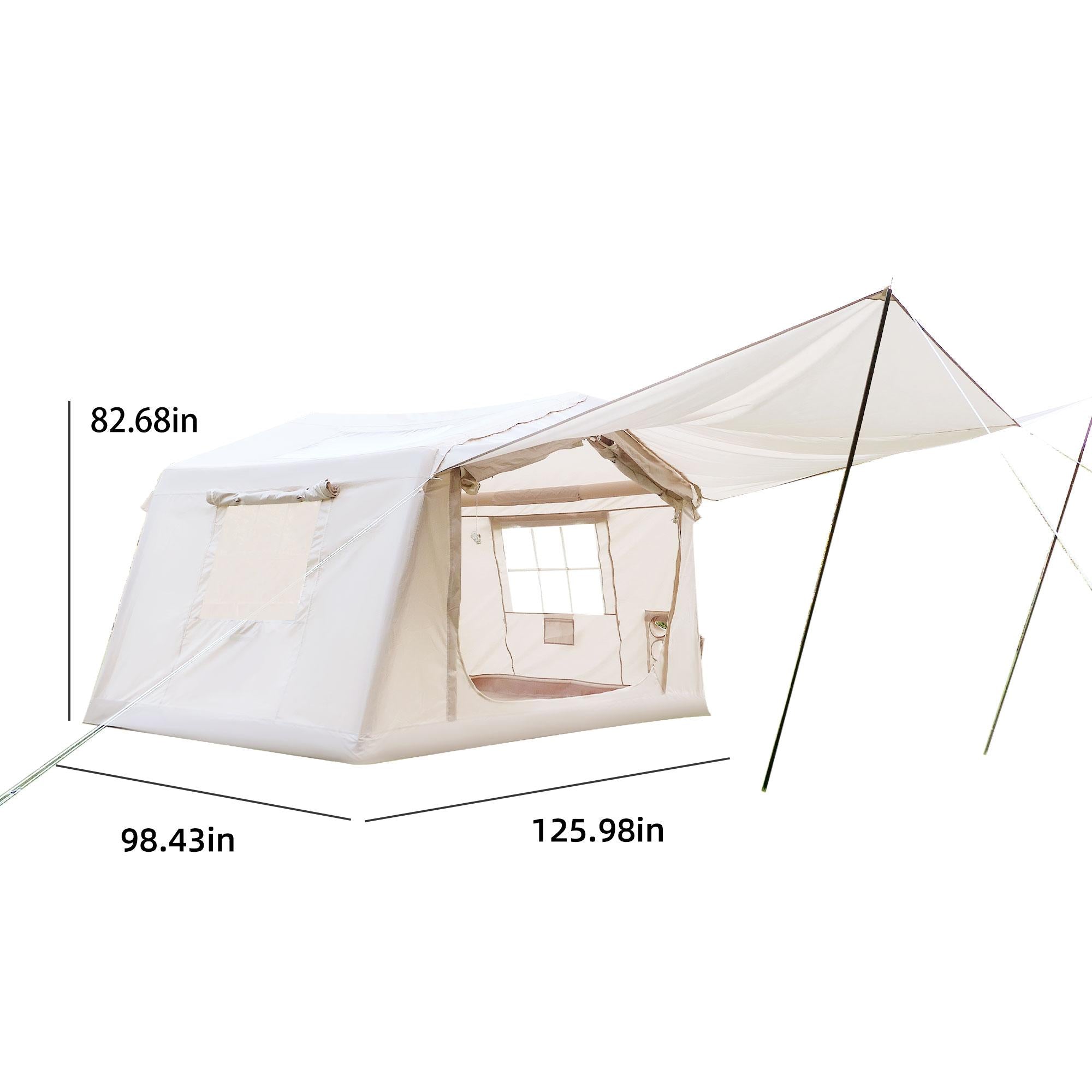 4-Season Camping Tent with Extended Awning and Higher Sidewalls, Waterproof Family Tent with Dual Doors, 126″ L x 98.5″ W x 82.5″ H, Beige