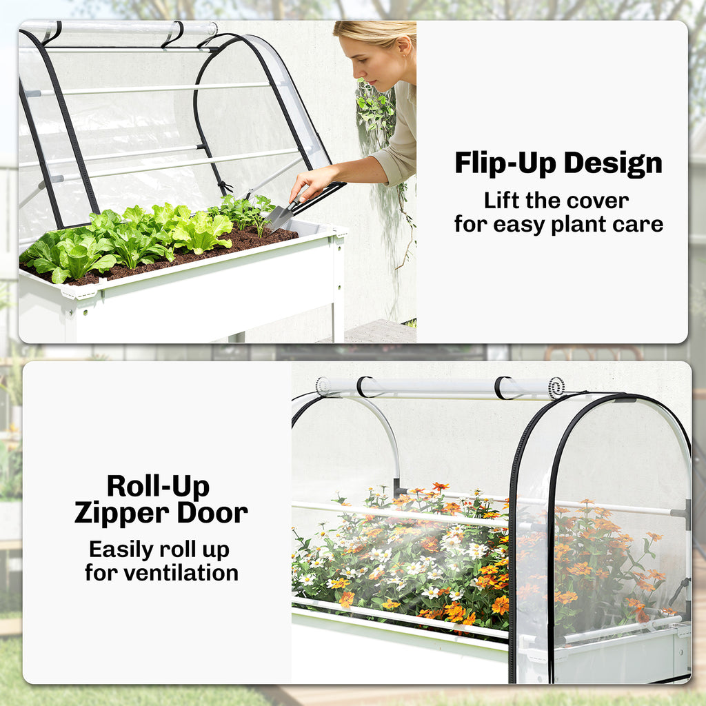 Raised Garden Bed with Flip-Up Greenhouse Cover, Metal Elevated Garden Bed with Legs and Drainage Hole, White