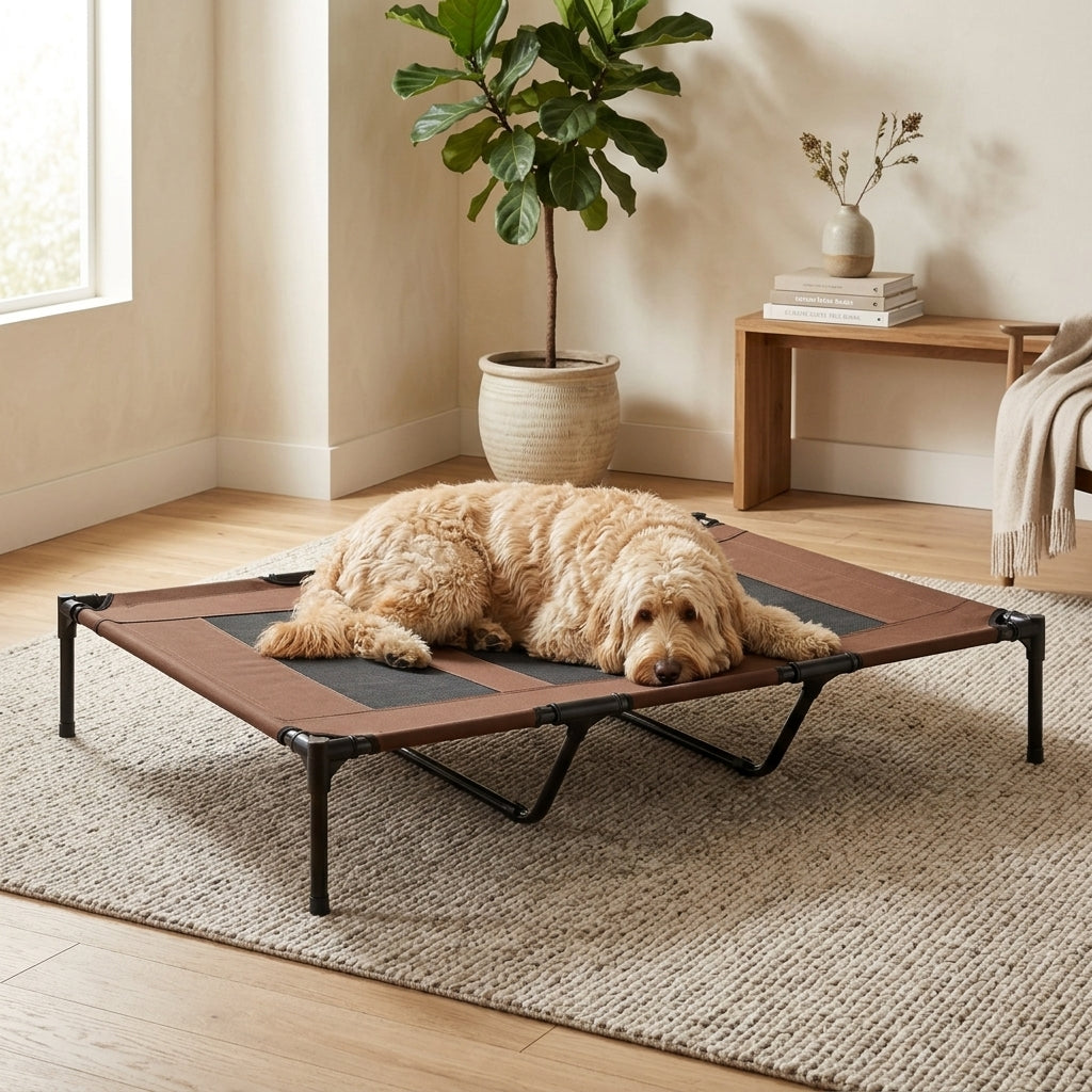 XL Elevated Dog Bed, Outdoor Raised Dog Bed, Portable Pet Cot w/Carry Bag Metal Frame Breathable Mesh Indoor and Outdoor Tan