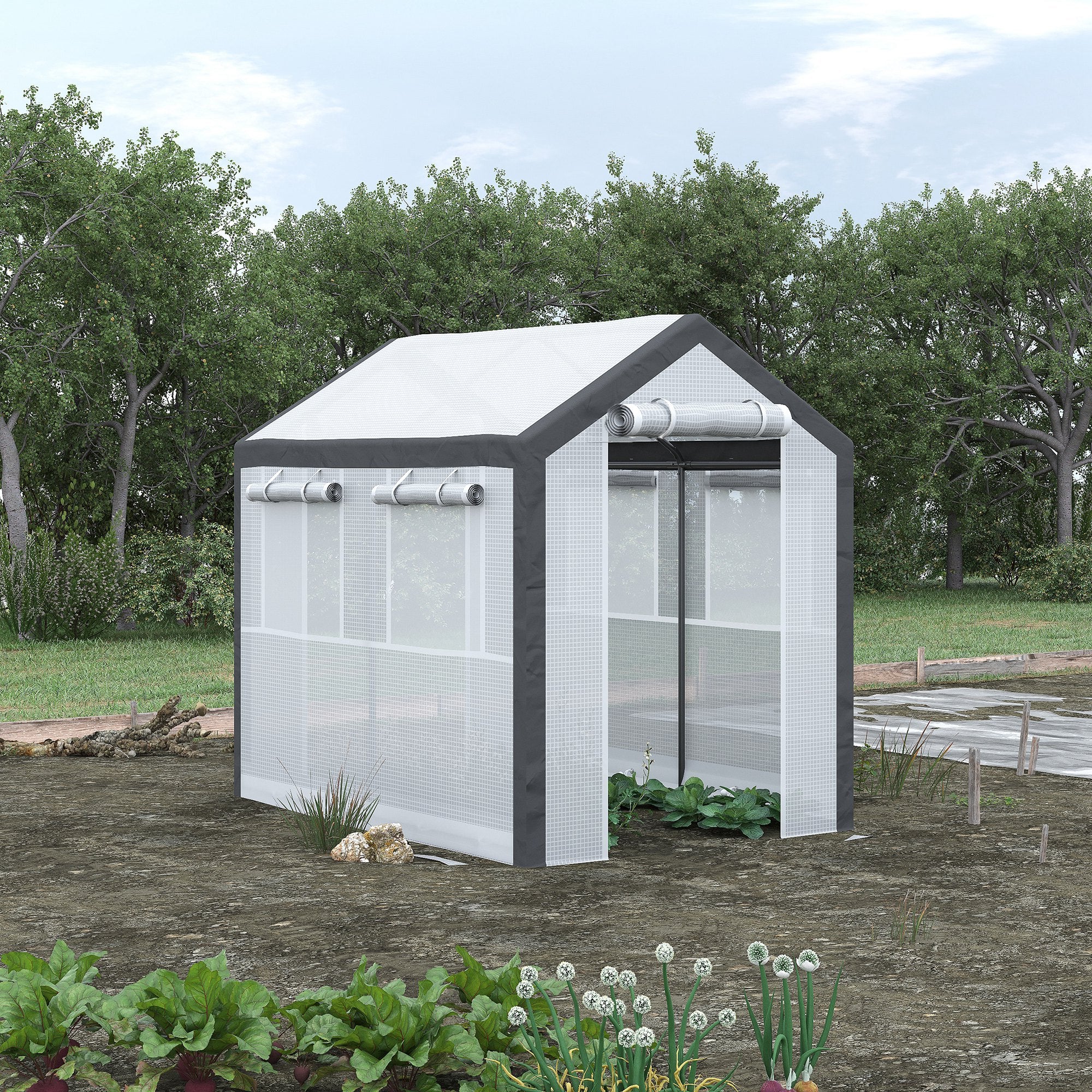 Outdoor Walk-In Tunnel Greenhouse with Roll-up Windows, Zippered Mesh Door, & Weather Cover, 8' x 6' x 7.4'