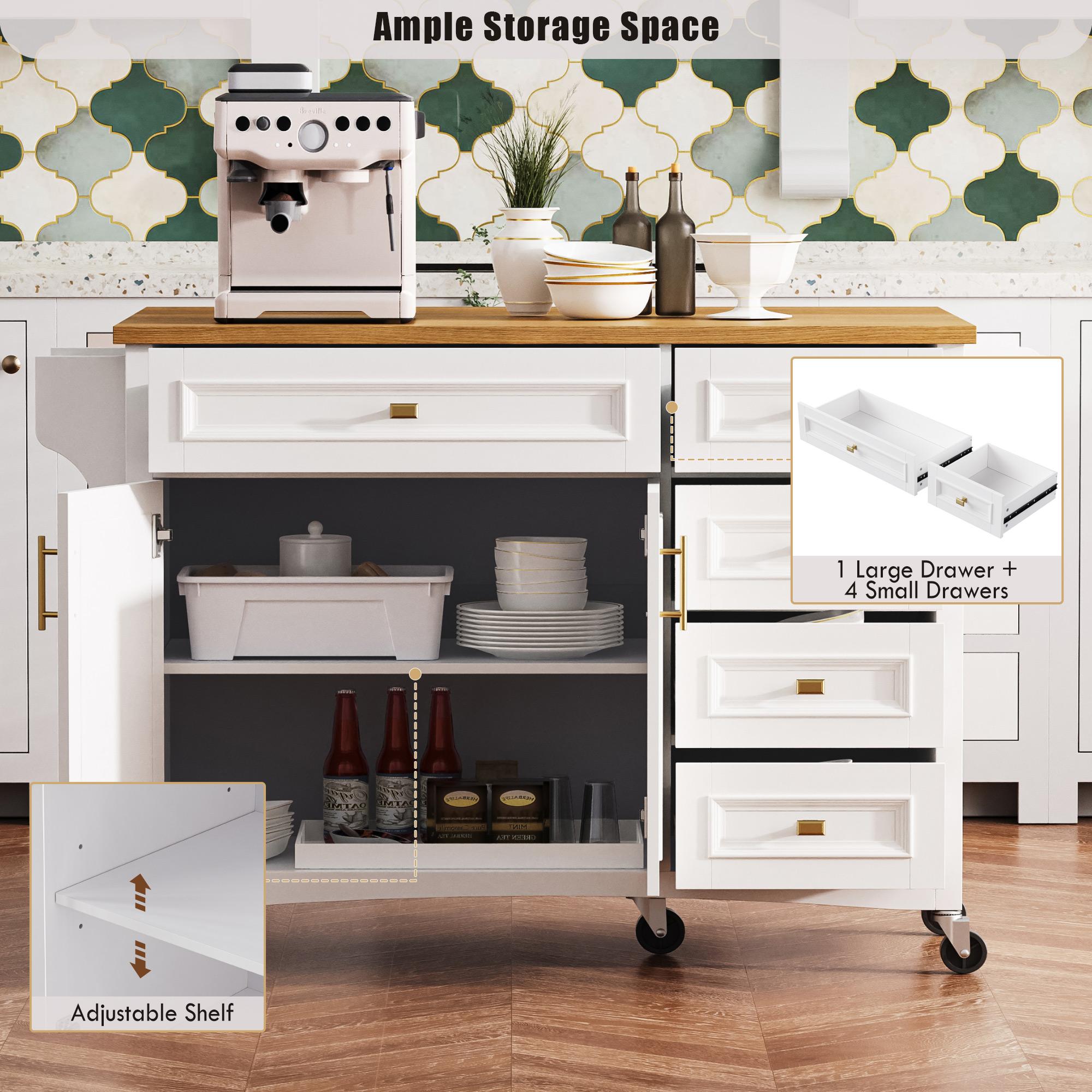 Kitchen Island with Spice Rack, Drop Leaf, Towel Rack, 2 Doors, 5 Drawers, Adjustable Shelf, Embossed Texture, 52" L x 29.5" W x 36" H, White