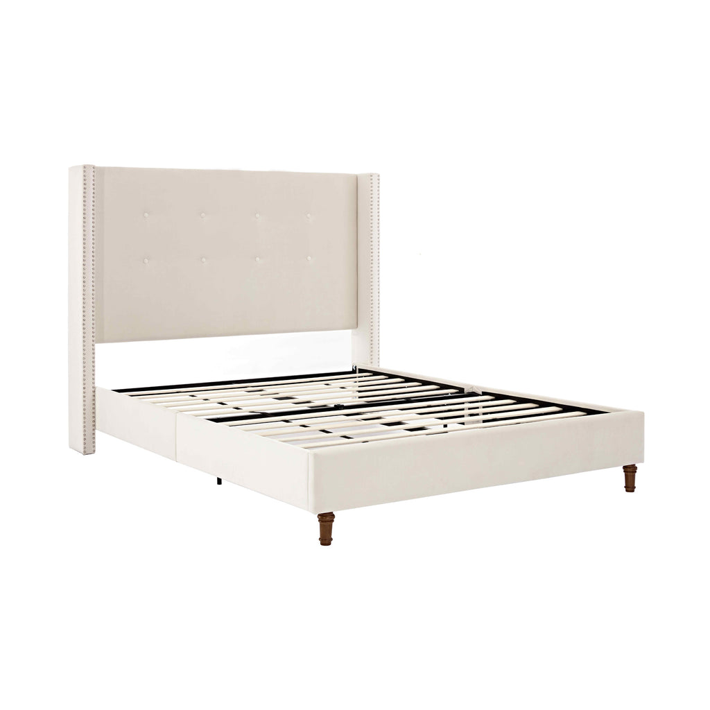 Peyton Upholstered Queen Bed Frame with 54" High Headboard, Hand Buttoned Tufting, Nailhead Trim Wingback, No Box Spring Needed, Easy Assembly, Ivory Velvet, Ivory