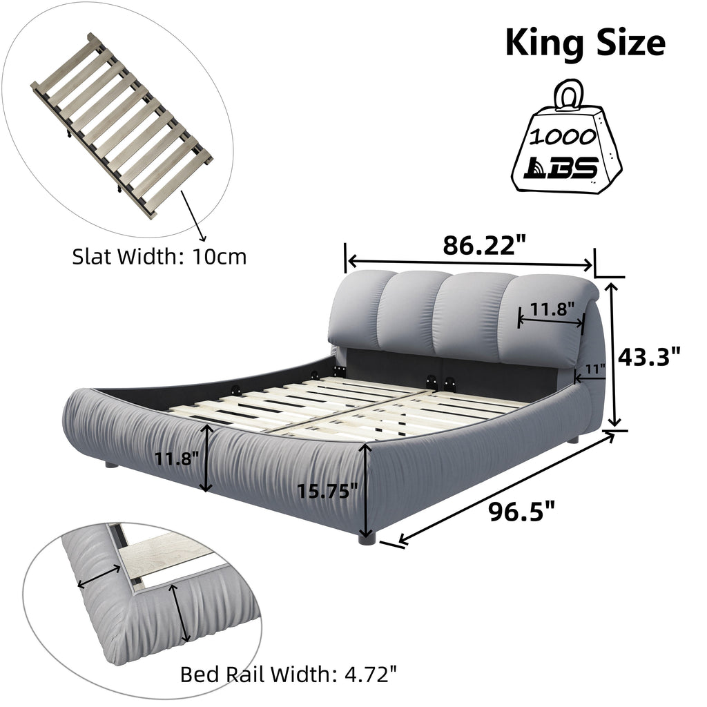King Size Upholstered Bed with Oversized Padded Backrest, Solid Wood Frame, Adjustable Mattress Heights, 96.5" L x 86" W x 43.5" H, Gray