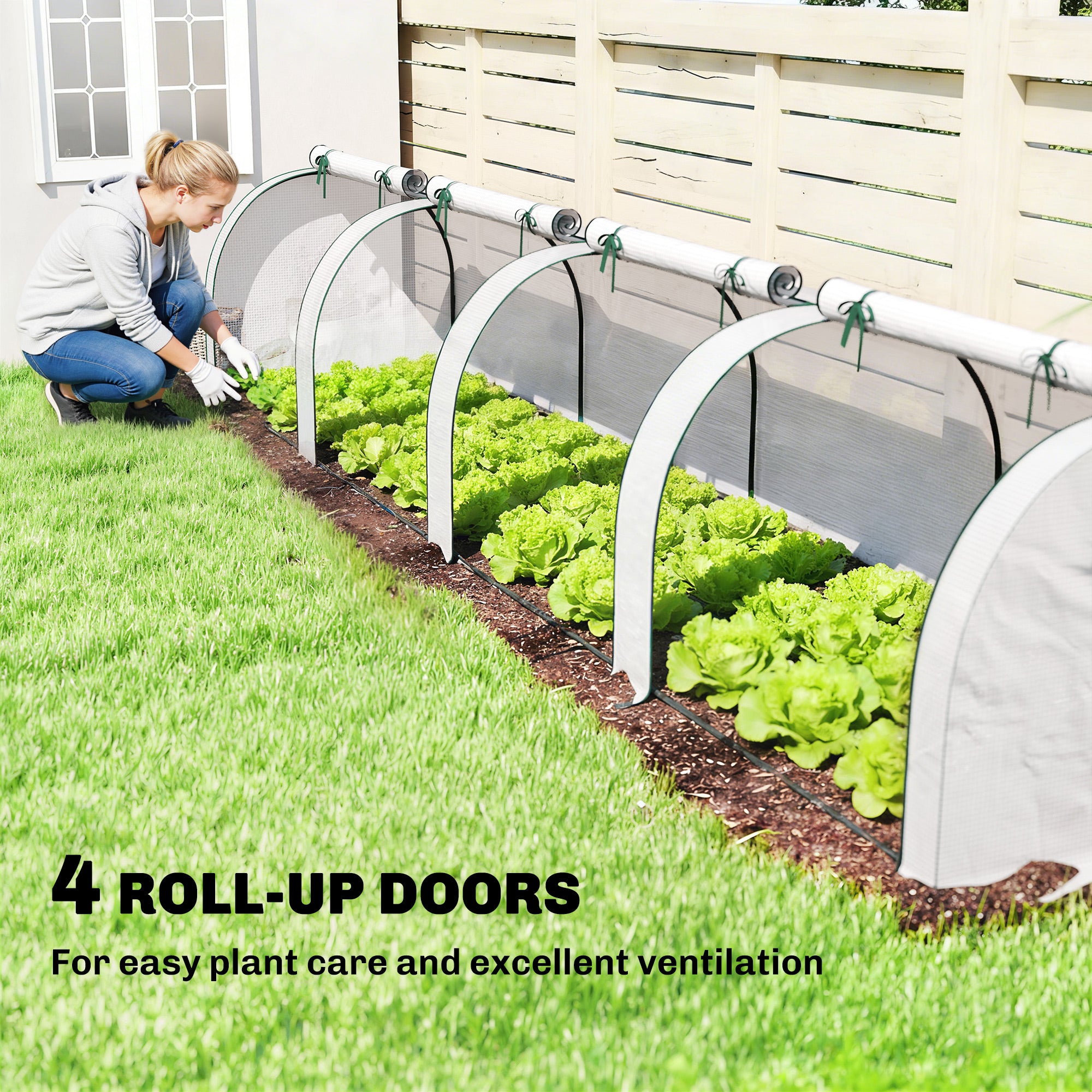 Mini Greenhouse, Portable Greenhouse with 4 Roll-Up Doors, PE Cover, 177.2" x 39.4" x 31.5", White