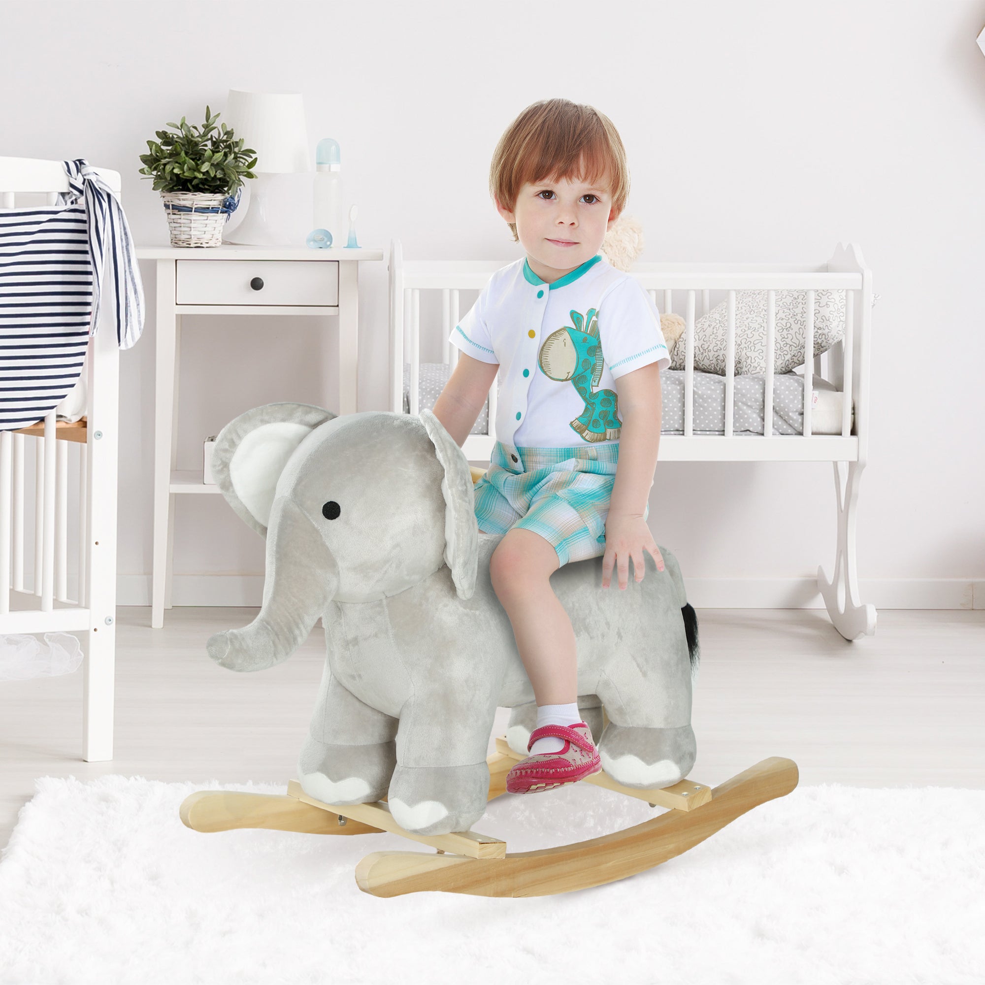 Kids Rocking Animal, Elephant Rocker with Realistic Sounds, Plush Ride on Toy for Years 2-4, Gray