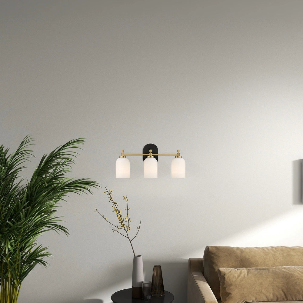 Meadows Three-Light Vanity Bathroom Wall Light with White Frosted Glass, Brushed Gold Finish, 20.5"W × 10.1"H × 5.5"E, Gold+White