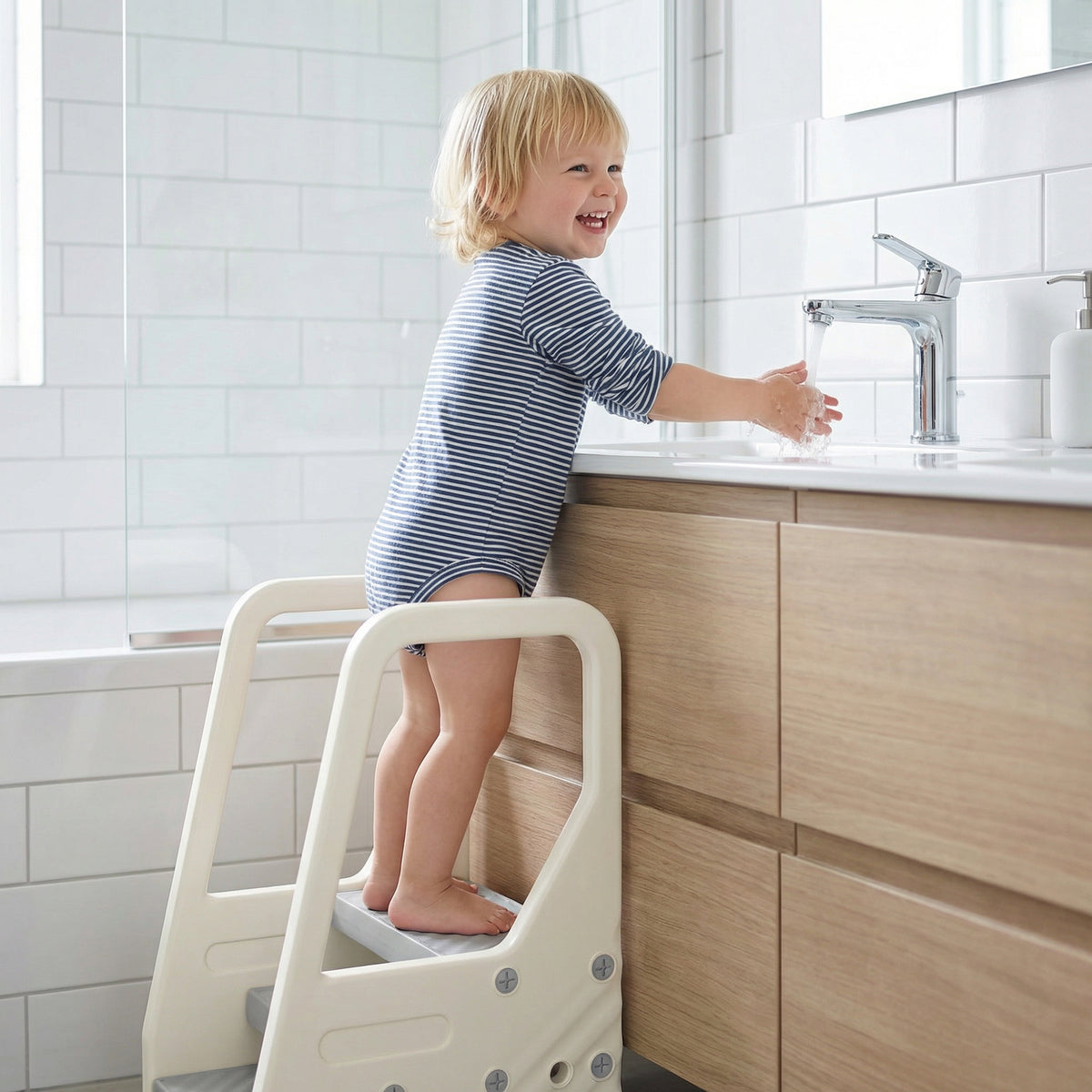 Adjustable 3 Step Toddler Tower with Handles, Non-slip Surface & Foot Pads, Gray