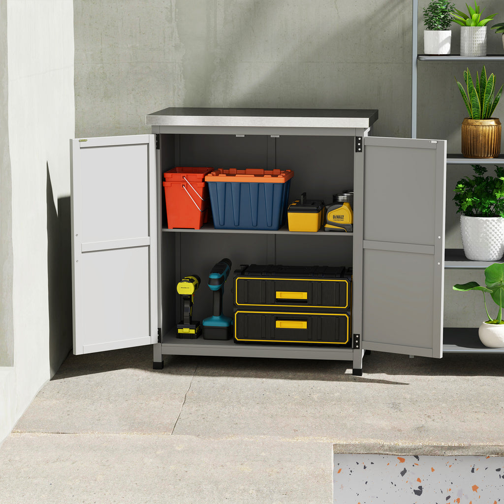 Wooden Storage Cabinet, Outdoor Prep Table with Metal Tabletop, Shelves and Double Doors for Patio, Garden, Gray