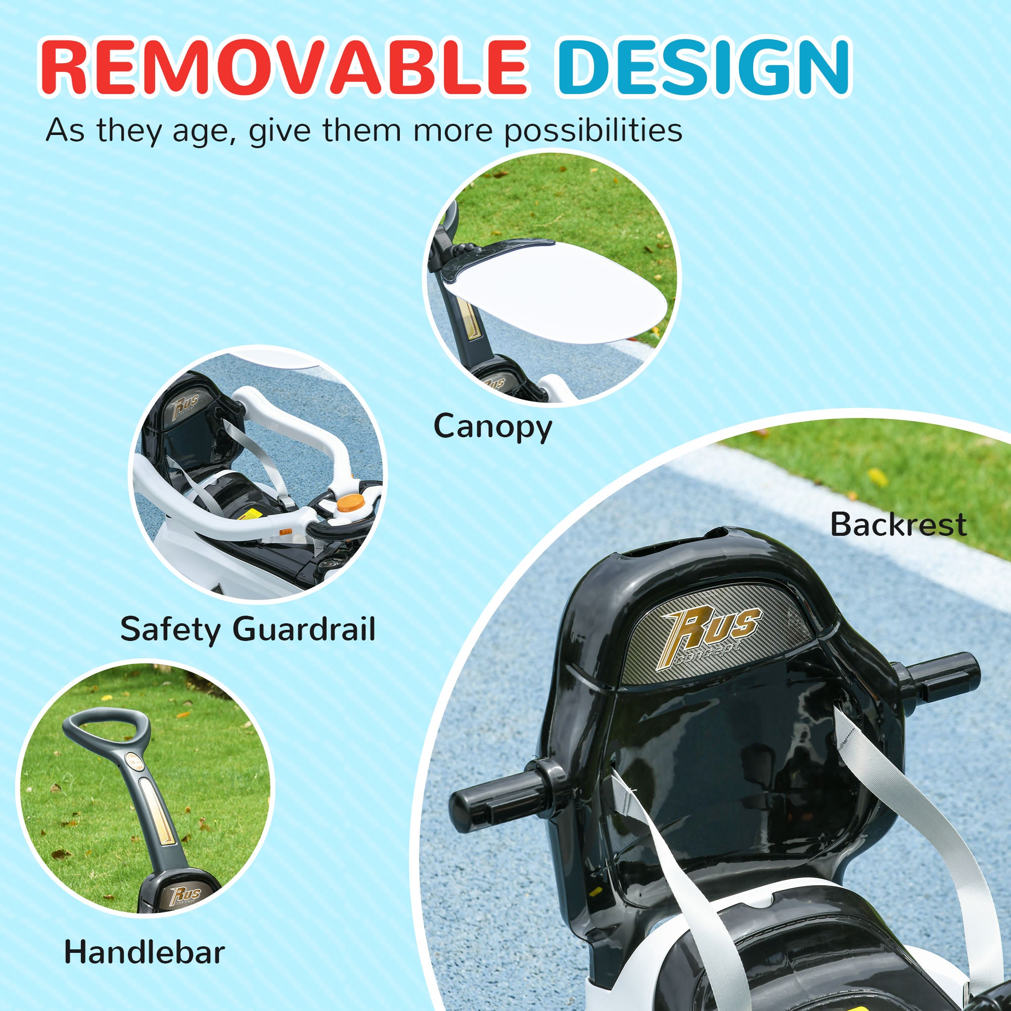 3 in 1 Push Car Sliding Car with Removable Handle, Music, Horn, Canopy, Safety Guardrail, White
