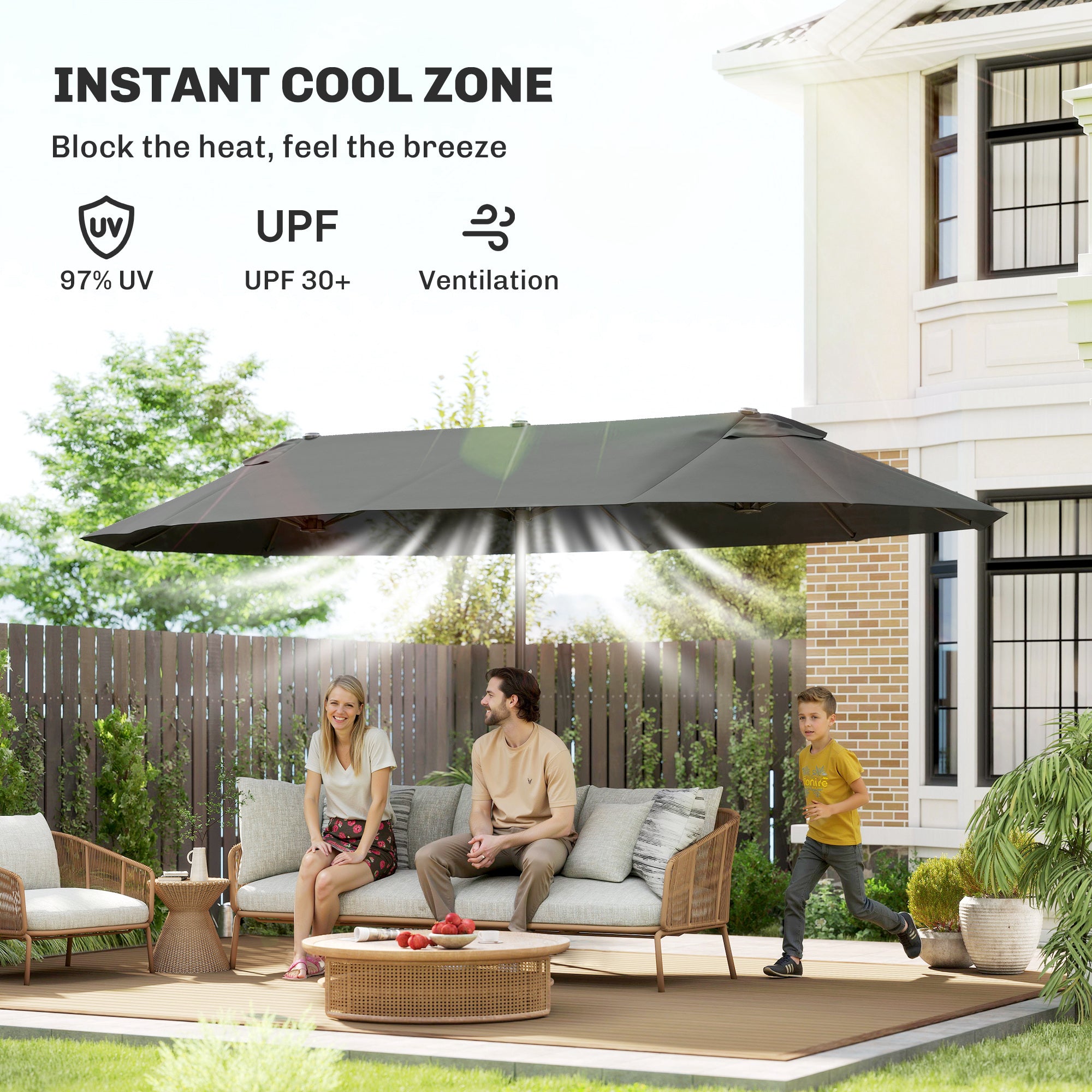 Extra Large 15 ft Patio Umbrella, Double-Sided Wide Outdoor Umbrella with Crank Handle and Air Vents for Backyard, Deck, Pool, Market, Gray