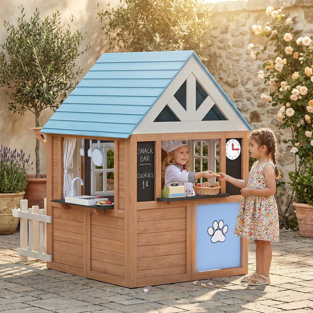 Wooden Kids Playhouse with Pet Door, Play Kitchen, Mailbox, Doorbell, Birdhouse, Fence and Windows for Pretend Play