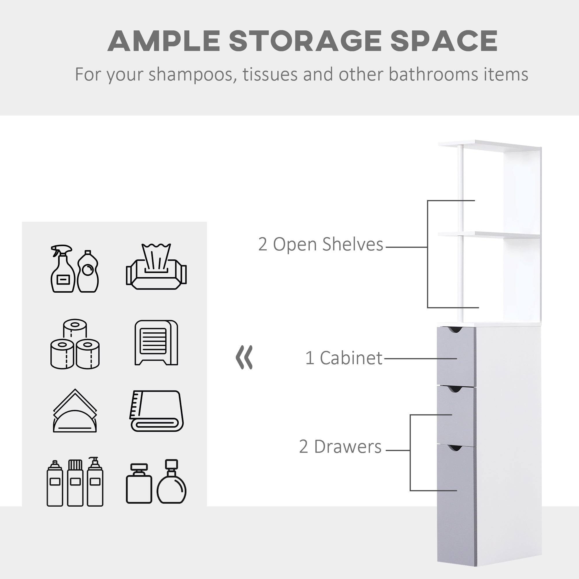 54" Tall Bathroom Storage Cabinet, Freestanding Linen Tower with 2-Tier Shelf and Drawers, Narrow Side Floor Organizer, White