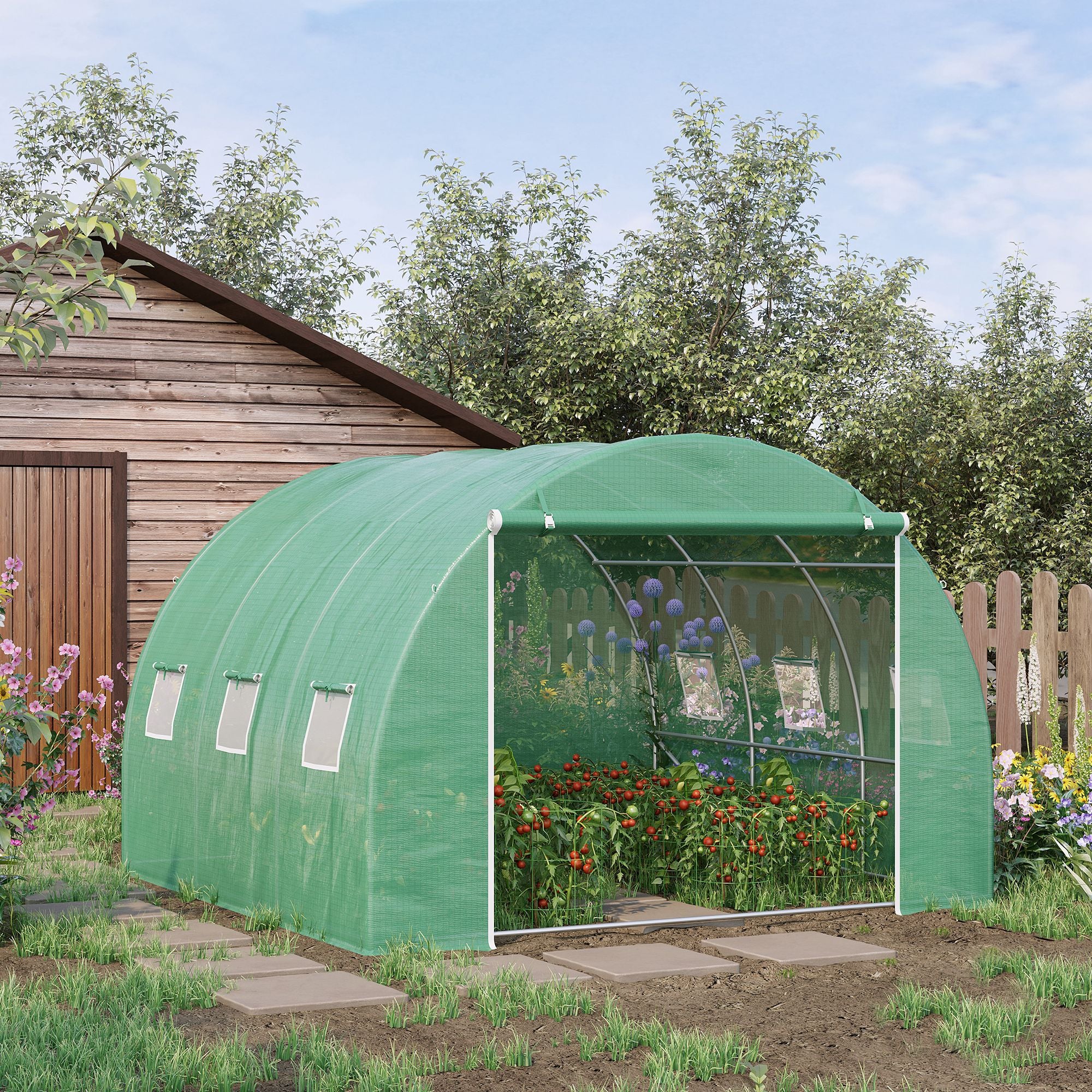 10' x 10' x 7' Walk-in Tunnel Greenhouse with High-Quality Transparent PE Cover, Zipper Doors & Windows