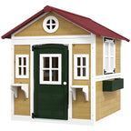 Wooden Playhouse for Kids Outdoor with Doors, Windows, Planter Pots and Boxes for Toddlers 3-8 Years, Beige