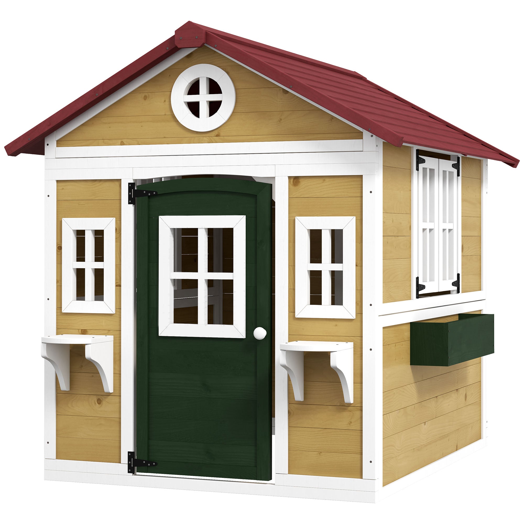 Wooden Playhouse for Kids Outdoor with Doors, Windows, Planter Pots and Boxes for Toddlers 3-8 Years, Beige