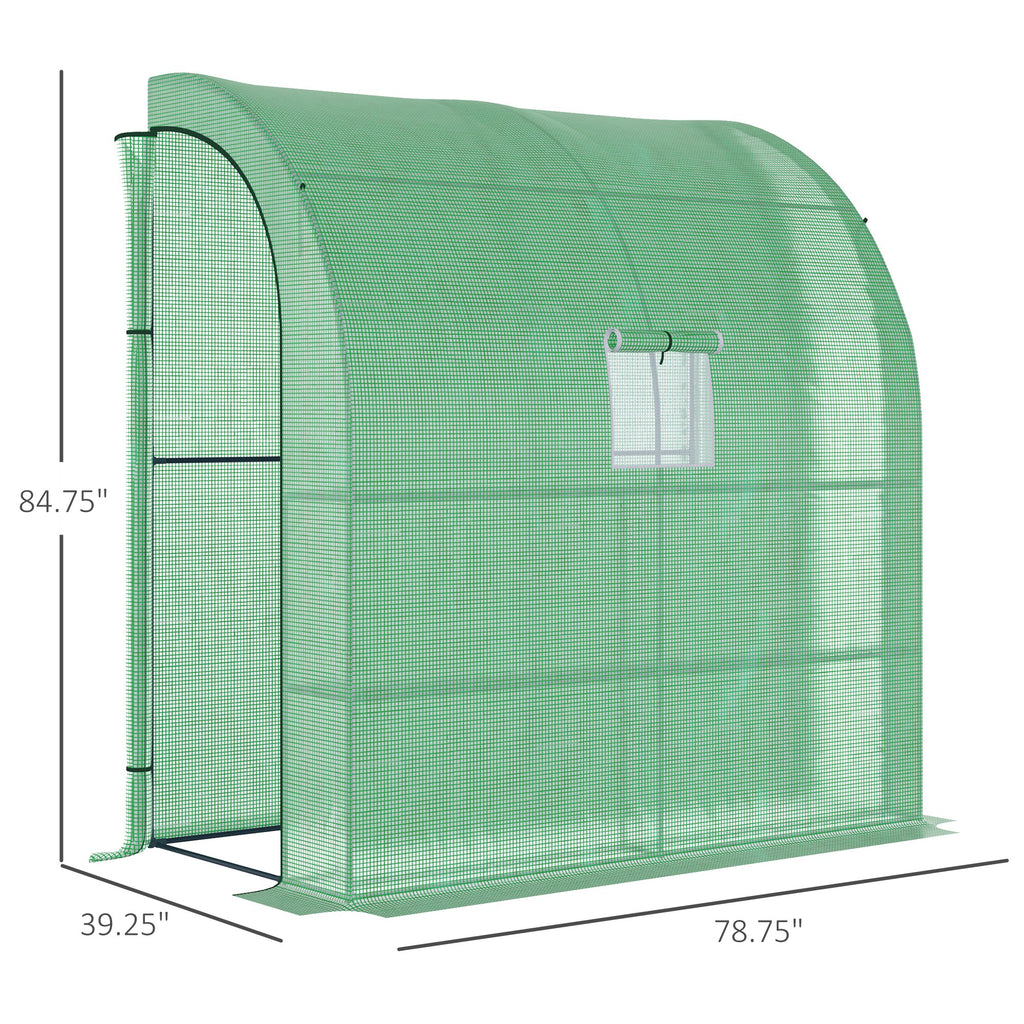 7' x 3' x 7' Lean to Greenhouse, Walk-In Green House, Plant Nursery with 2 Roll-up Doors and Windows, PE Cover and 3 Wire Shelves, Green