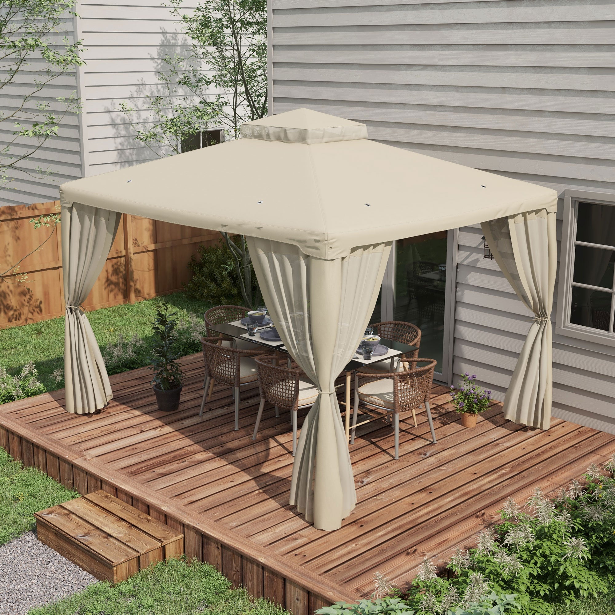 9.6' x 11.6' Patio Gazebo Outdoor Canopy Shelter with 2-Tier Roof and Netting, Steel Frame for Garden, Cream White