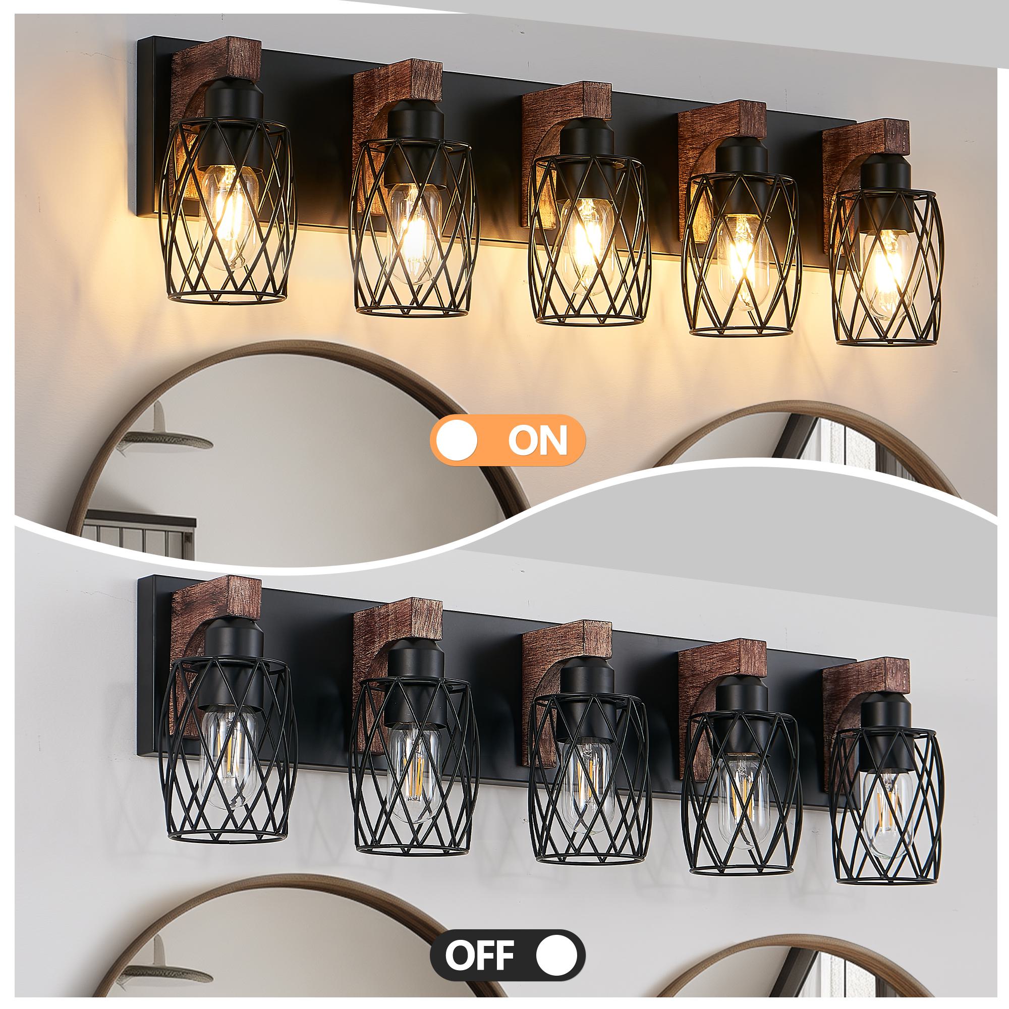 31" Industrial Vintage 5-Light Wall Sconce with Wooden Accents, Cage Fixture for Hallway, Living Room, 31" L x 6" W x 8.5" H, Walnut+Black