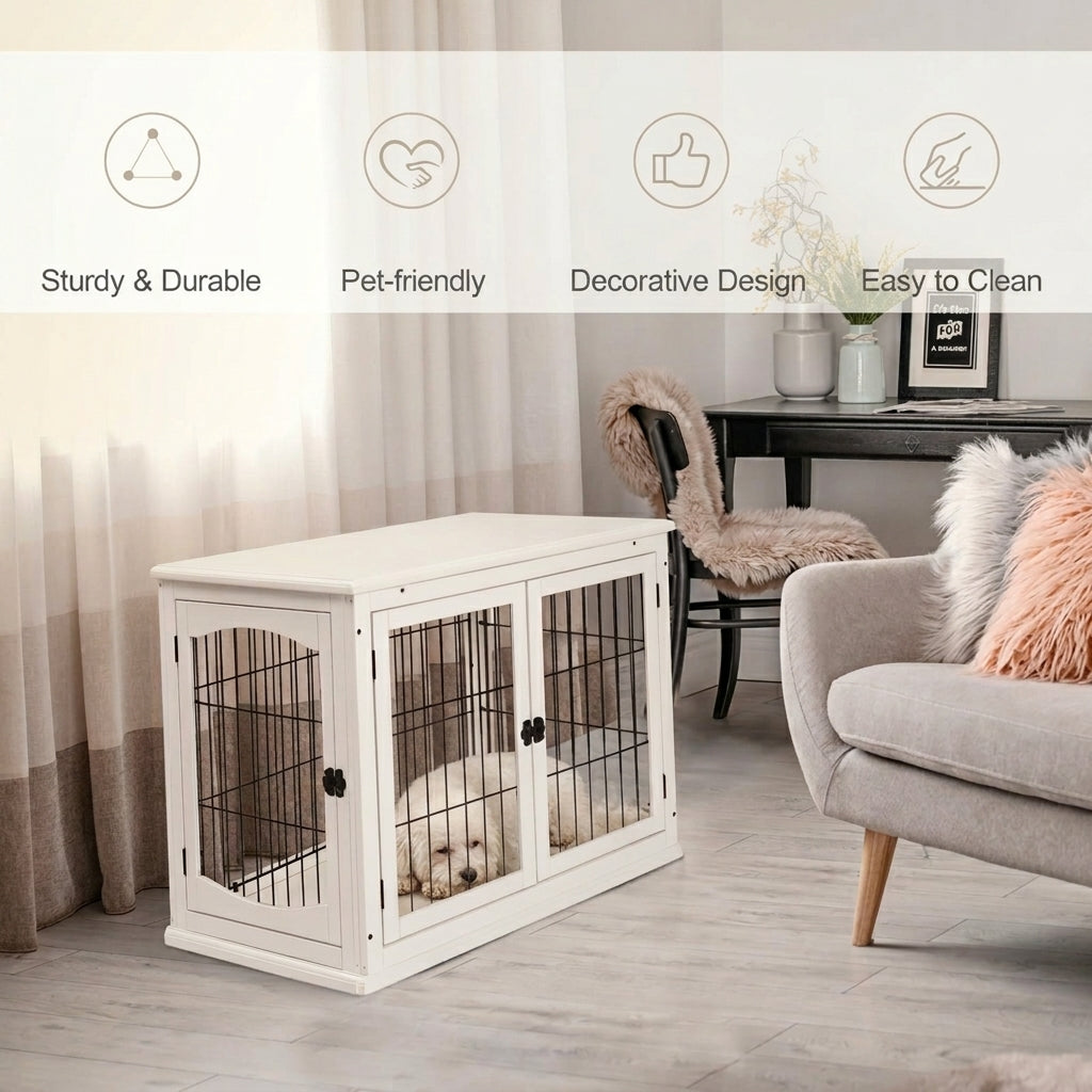 Dog Crate Furniture, 32" Small Dog Cage End Table with 2 Doors, Lockable Door, Puppy Kennel Indoor, White