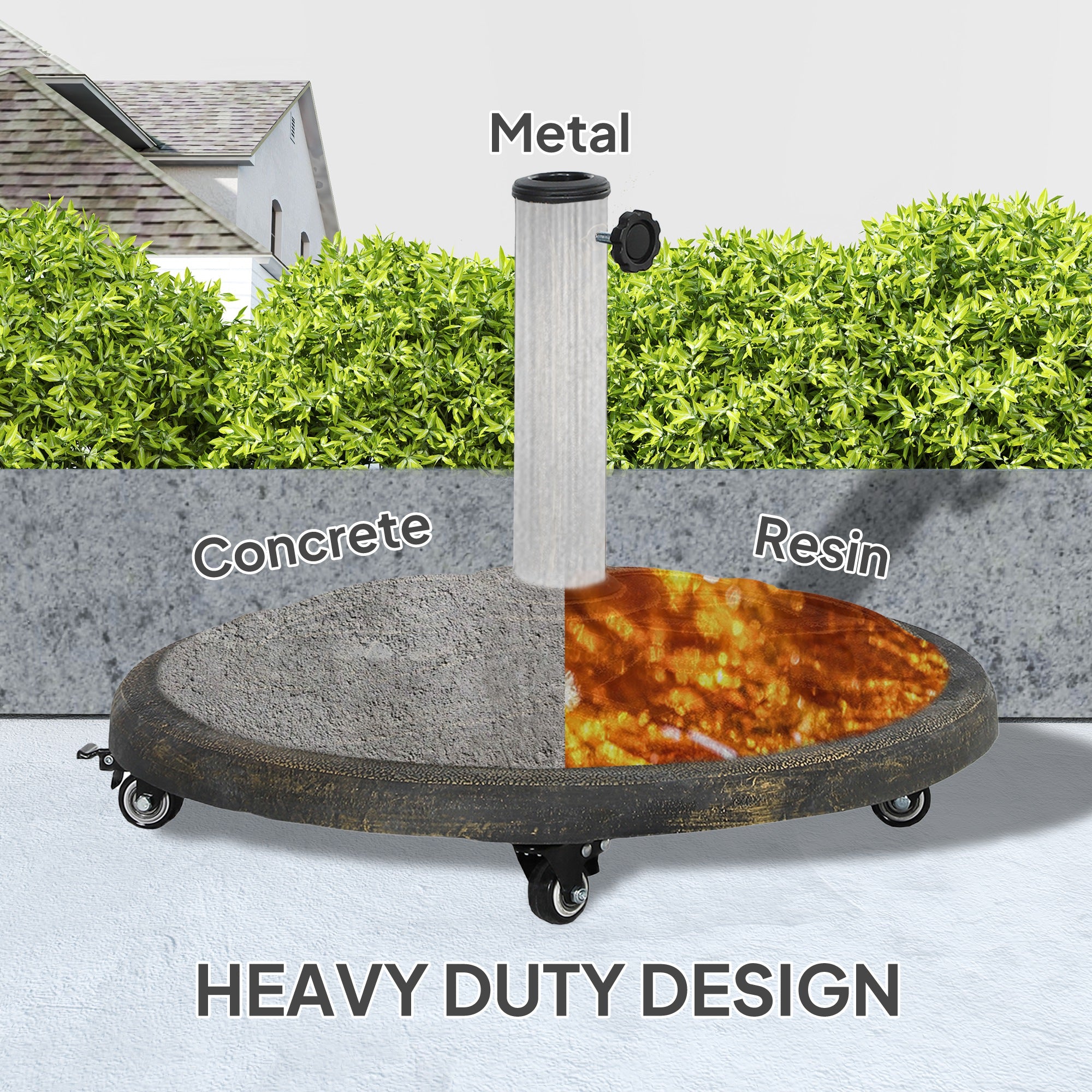 Round Patio Umbrella Base with Wheels, 44 lbs Resin Umbrella Stand Base, Heavy Duty Patio Umbrella Holder for 1.3"/1.5"/1.9" Umbrella Poles for Outdoor, Lawn, Poolside, Bronze