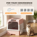 Cat Litter Box Hooded Cat Litter Tray with Drawer Pan Front Entry & Top Exit Easy Cleaning Pink