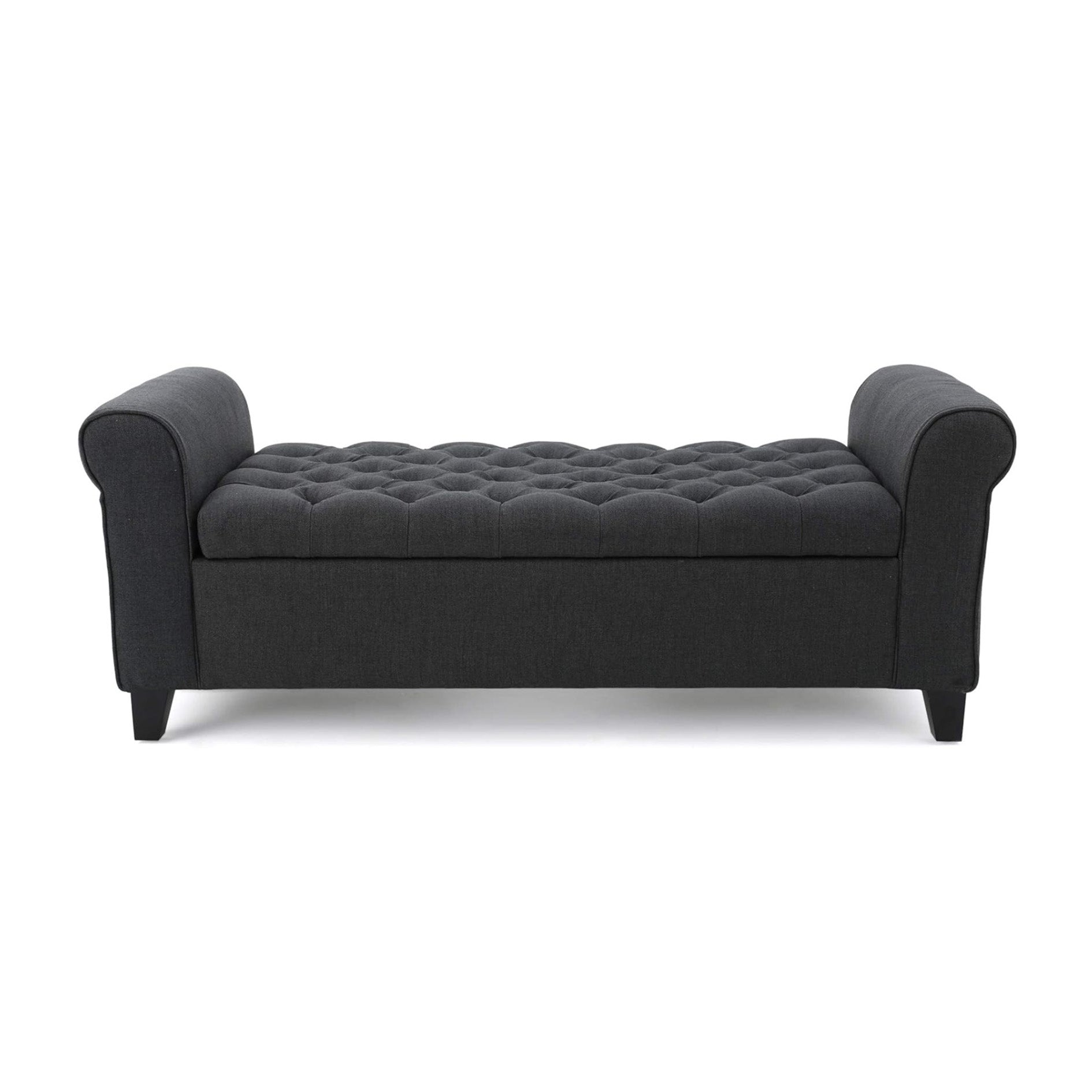Contemporary Upholstered Ottoman with Rolled Arms and Pressure Hinges, Armed Storage Bench, Ideal for Small Spaces, 50" L x 19.5" W x 20.5" H, Dark Gray