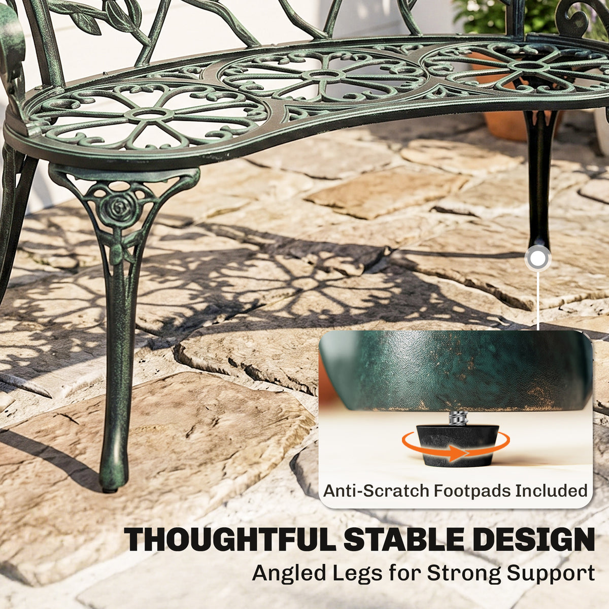 Outdoor Bench, Cast Aluminum Outdoor Furniture, Metal Bench with Floral Rose Accent & Antique Finish, Green