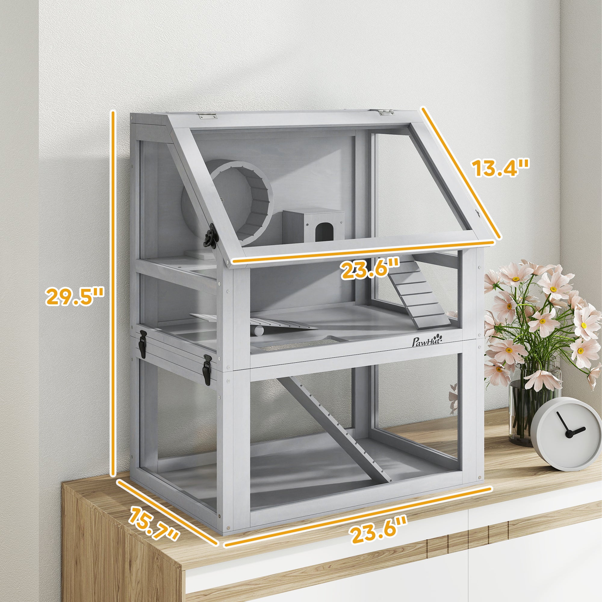 3 Tier Wooden Hamster Cage w/ Detachable Bottom, Hut, Seesaw, Exercise Wheel, Ramps, 24" x 16" x 29.5"