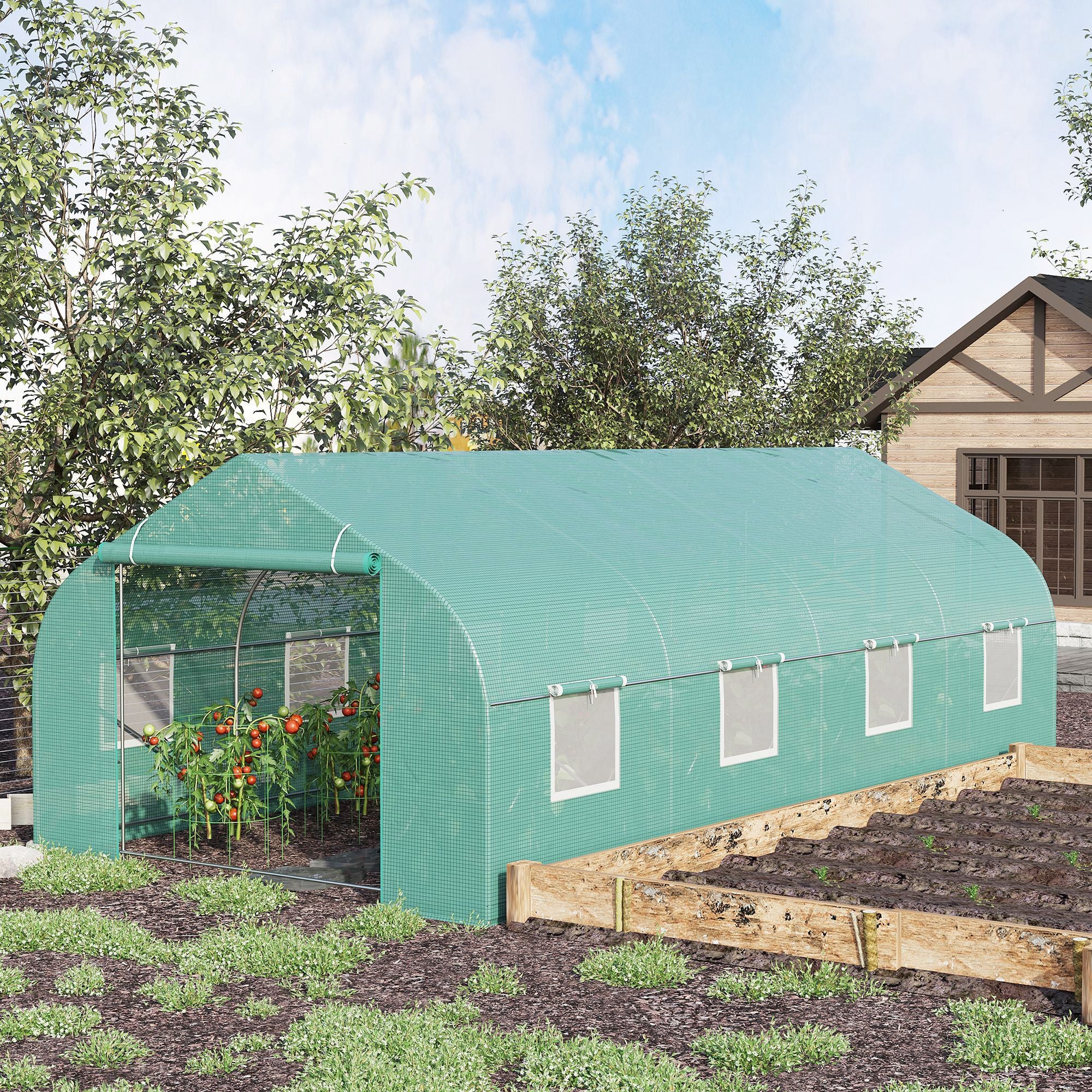 20' x 10' x 7' Outdoor Walk-in Greenhouse, Tunnel Green House with Roll-up Windows, Zippered Door, PE Cover, Heavy Duty Steel Frame, Green