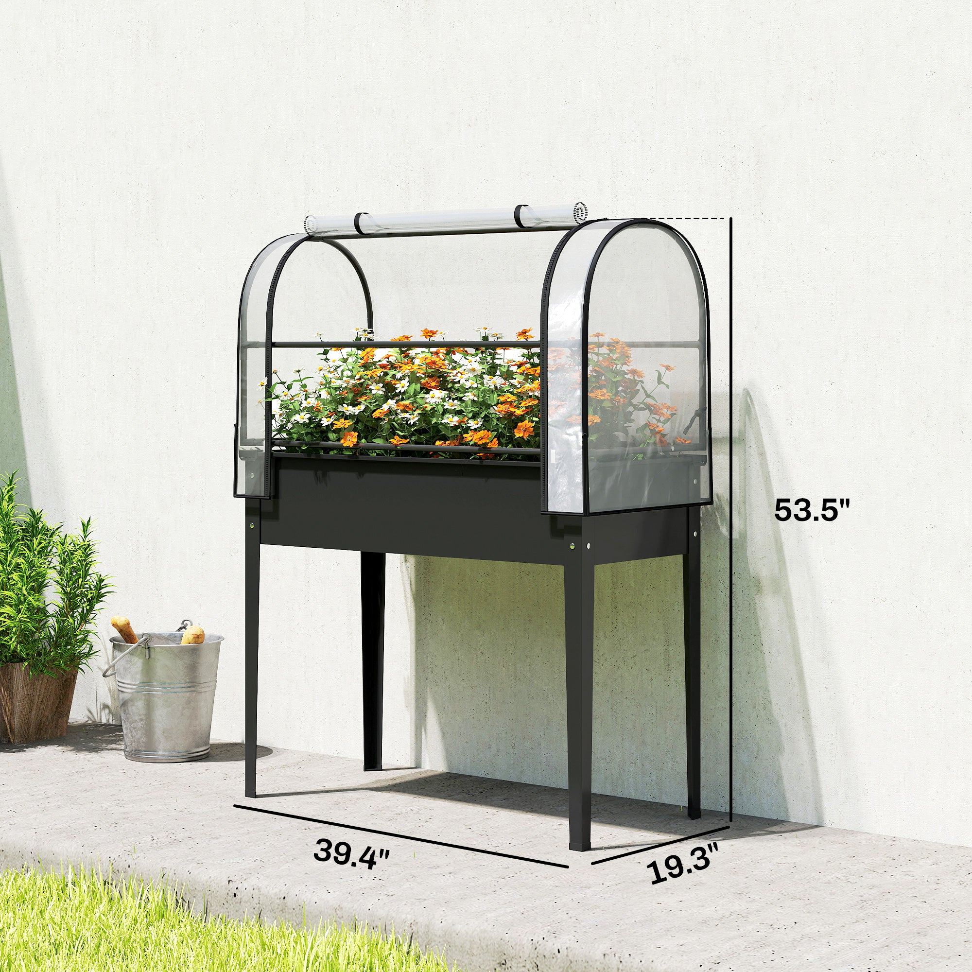 Raised Garden Bed with Flip-Up Greenhouse Cover, Metal Elevated Garden Bed with Legs and Drainage Hole, Black