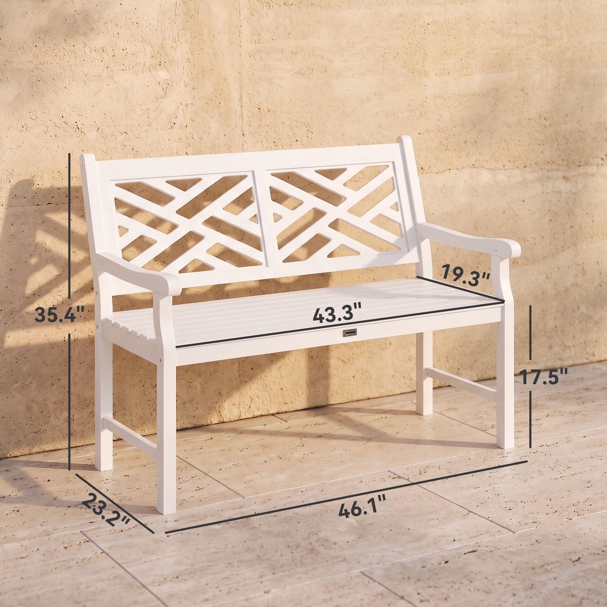 Outdoor Garden Bench, Wooden Frame Patio Bench with Geometric Pattern, 43.25 Inch Weatherproof 2-Person Love Seat for Garden, Lawn, Porch, Yard, Work Entryway, White