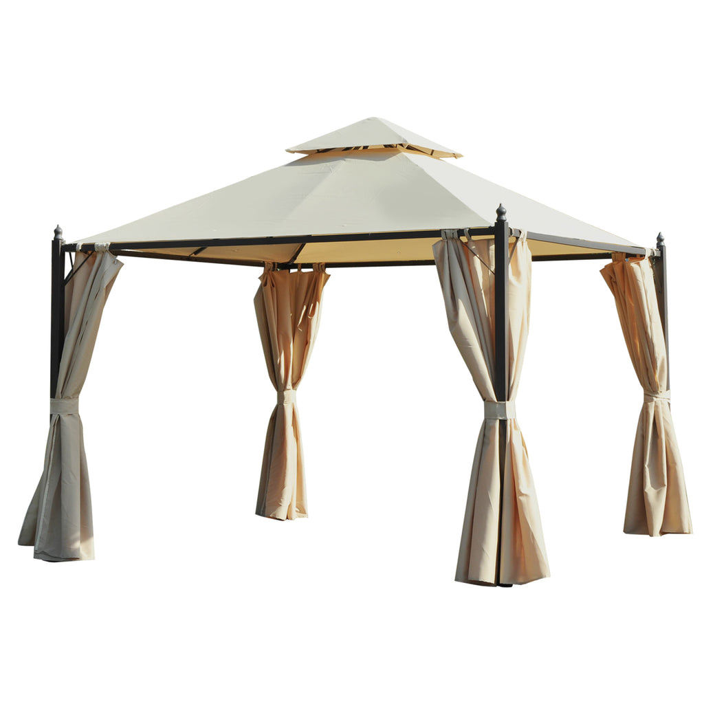 10' x 10' Steel Outdoor Patio Gazebo with Polyester Privacy Curtains, Two-Tier Roof for Air, Large Design