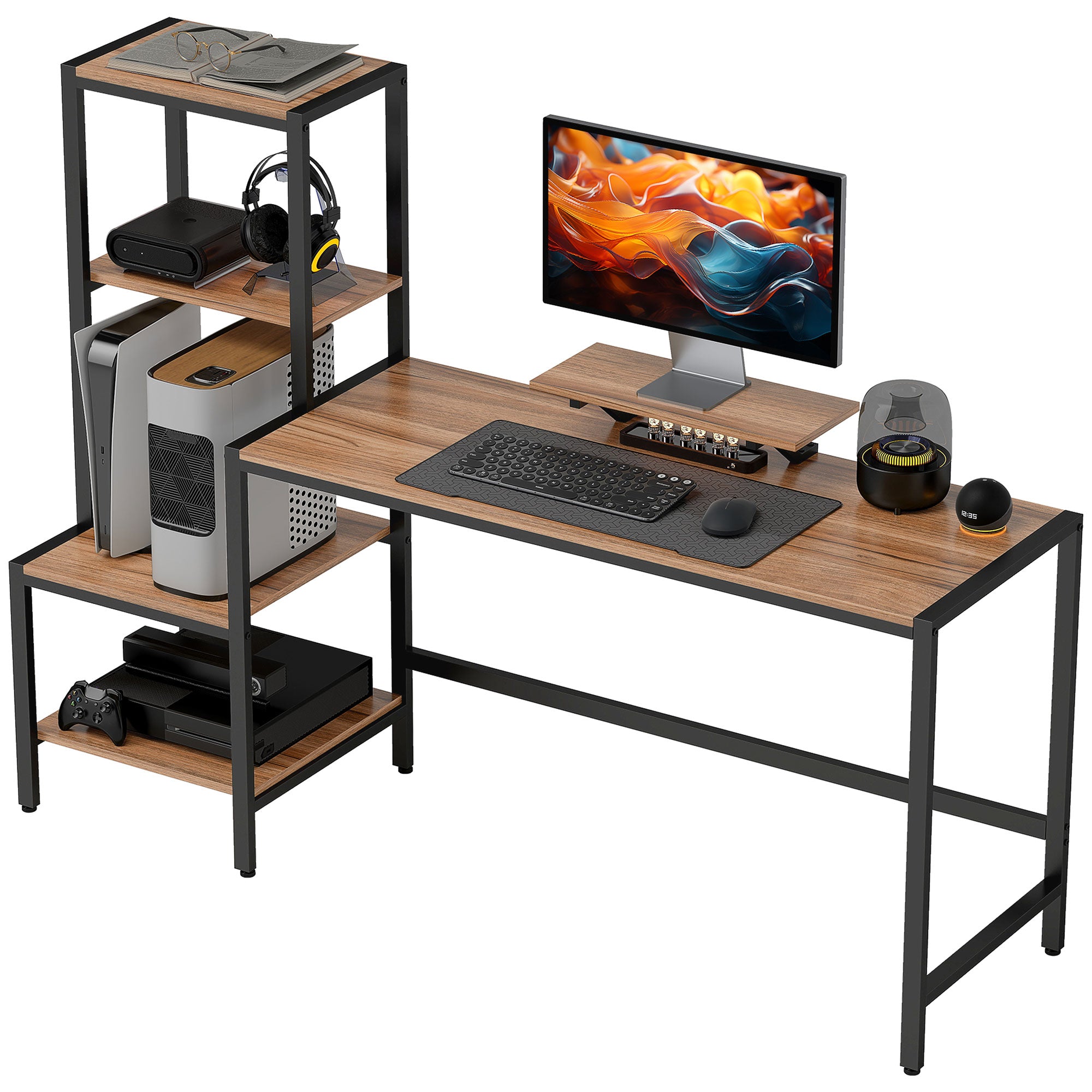 Computer Desk, 67" CPU Desk with Monitor Stand, Reversible 4-Tier Shelf, Industrial Writing Desk for Study Room, Brown