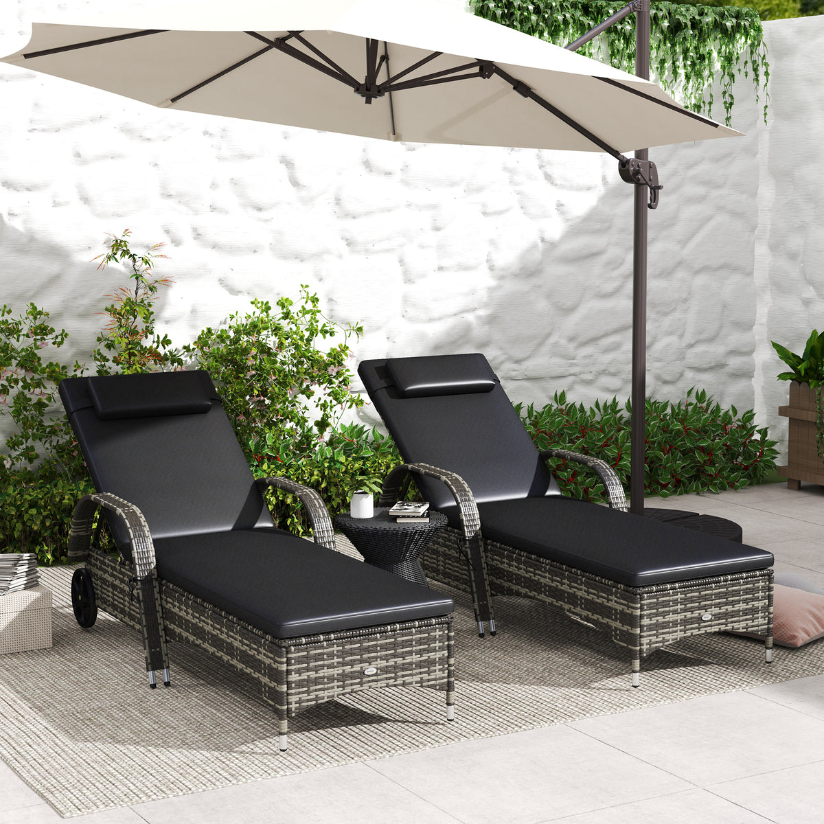 2 Reclining Chaise Lounge Chairs, Rolling Outdoor Chairs with Cushion, Pillow, Headrest, Armrests, and Wheels, Black