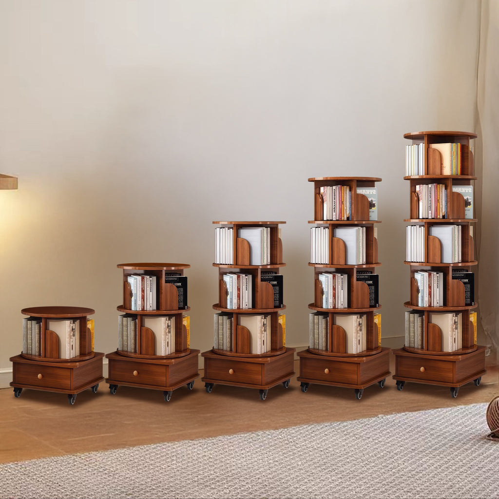 6-Tier Rotating Bookshelf with Wheels, 360° Display Corner Bookcase, Wood Organizer for Study Room, 18″ L x 18″ W x 69″ H, Walnut Brown